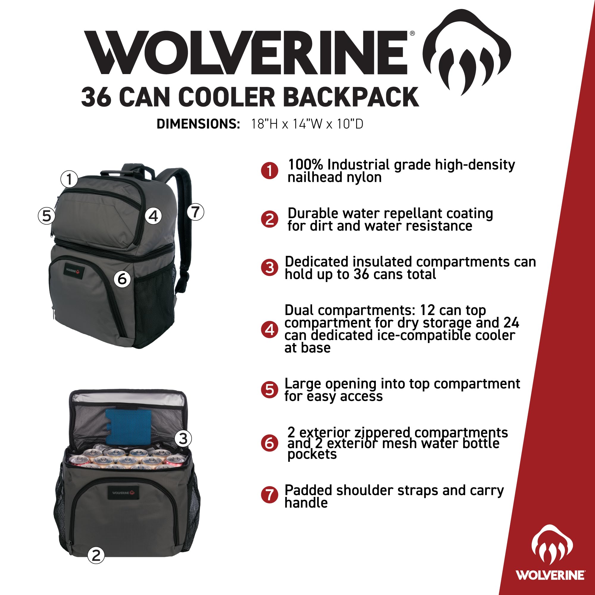 WOLVERINE 36 Can Cooler Backpack with Durable Nailhead Nylon, Dual Compartment Cooler & Dry Storage, Padded Mesh Back Panel, & E