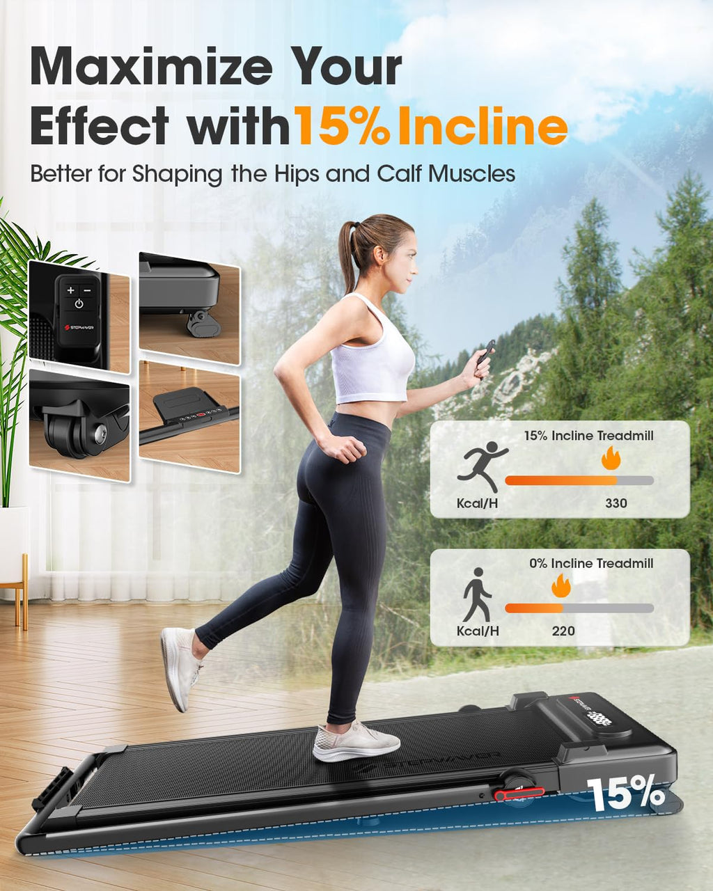 Large Walking Pad With Handle Bar, 17 Widened Running Belt, 15% Incline Treadmill, 4Mph/7.6Mph, 3.0 Hp Treadmill With 380Lbs Cap