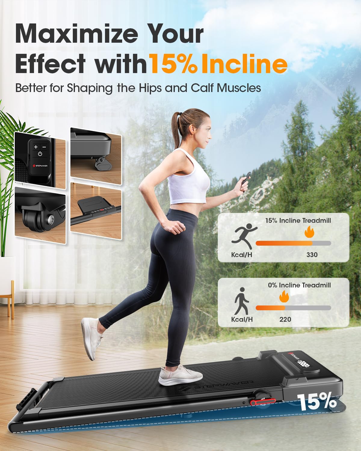 Large Walking Pad With Handle Bar, 17 Widened Running Belt, 15% Incline Treadmill, 4Mph/7.6Mph, 3.0 Hp Treadmill With 380Lbs Cap