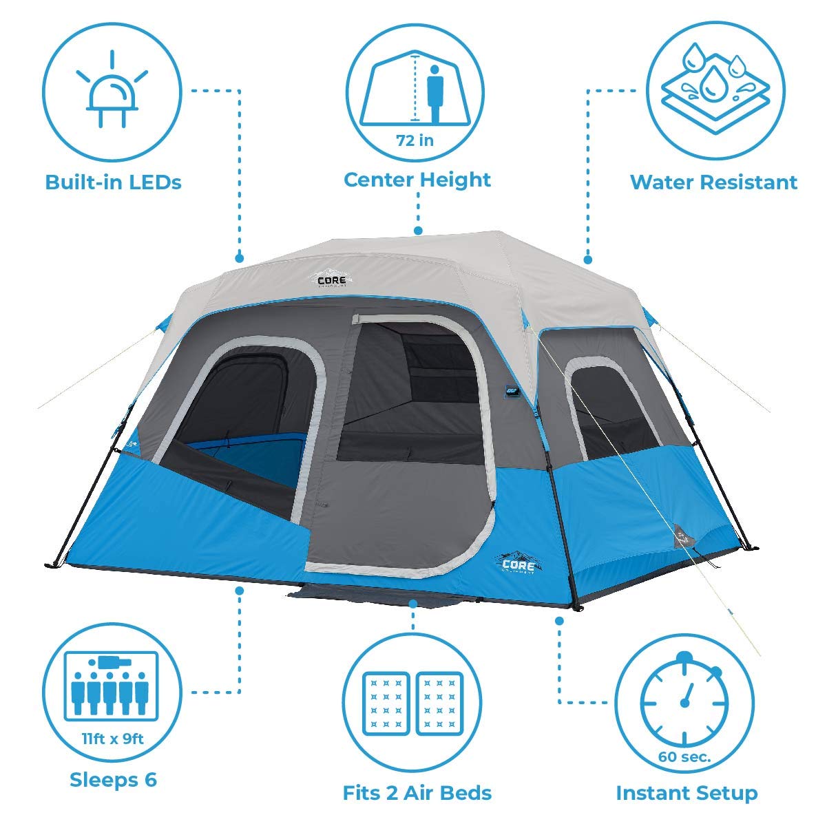 Core 6 Person Instant Cabin Tent With Led Lights  Lighted Pop Up Camping Tent With Easy 60 Second Camp Setup  Portable Large Fam