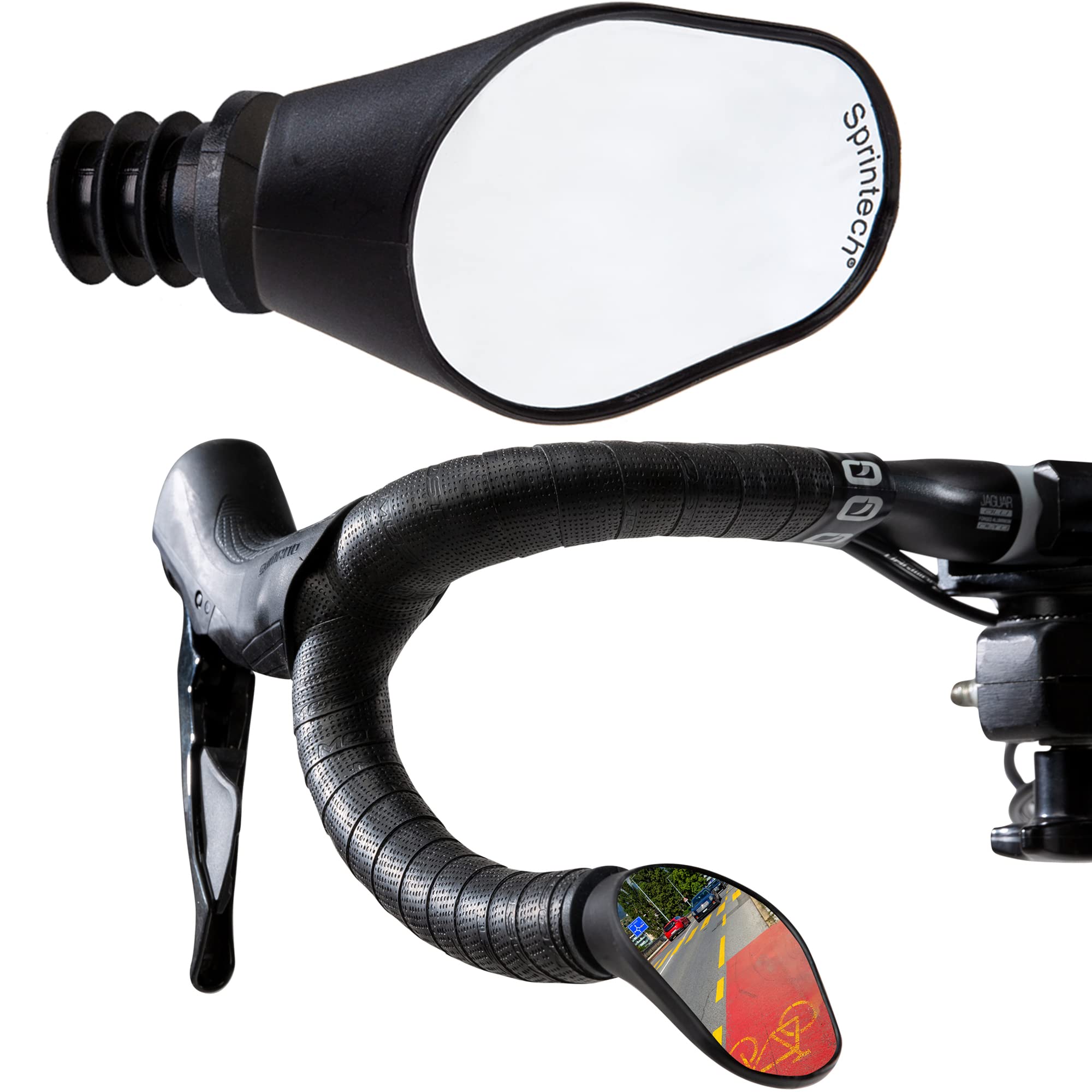 Sprintech XL Drop Bar Bike Mirror - Extra Large Road Bike Rear View Mirror - Wide Angle Bar End Bicycle Mirror, Swiss-Made (Blac