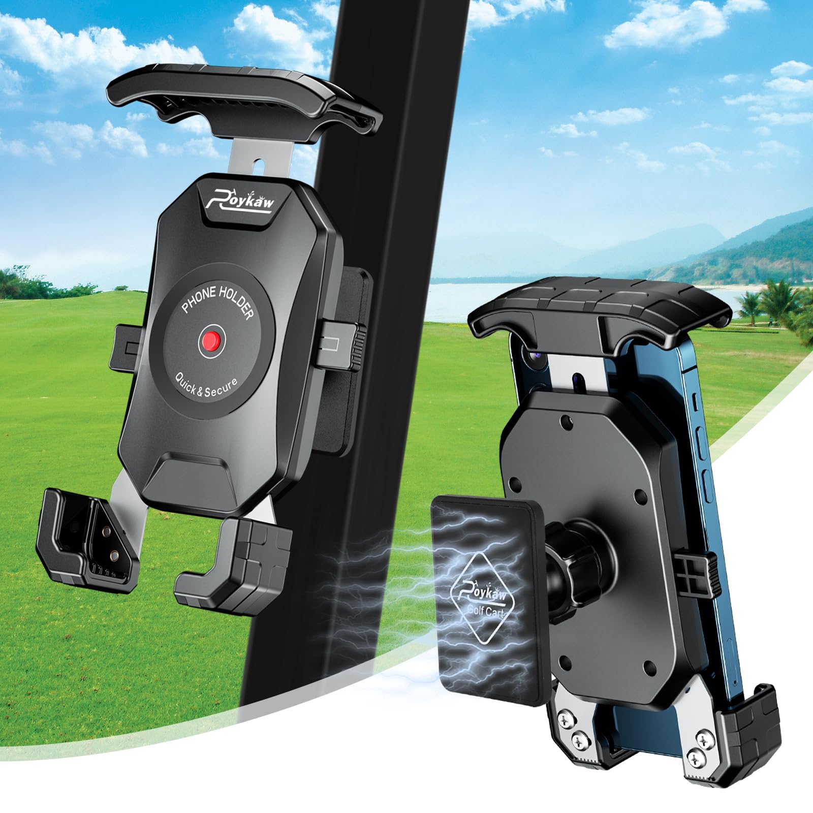 Roykaw Golf Cart Magnetic Phone Holder Mount Compatible With Ezgo/Club Car/Yamaha, Compatible With Iphone/Galaxy/Google Pixel, U