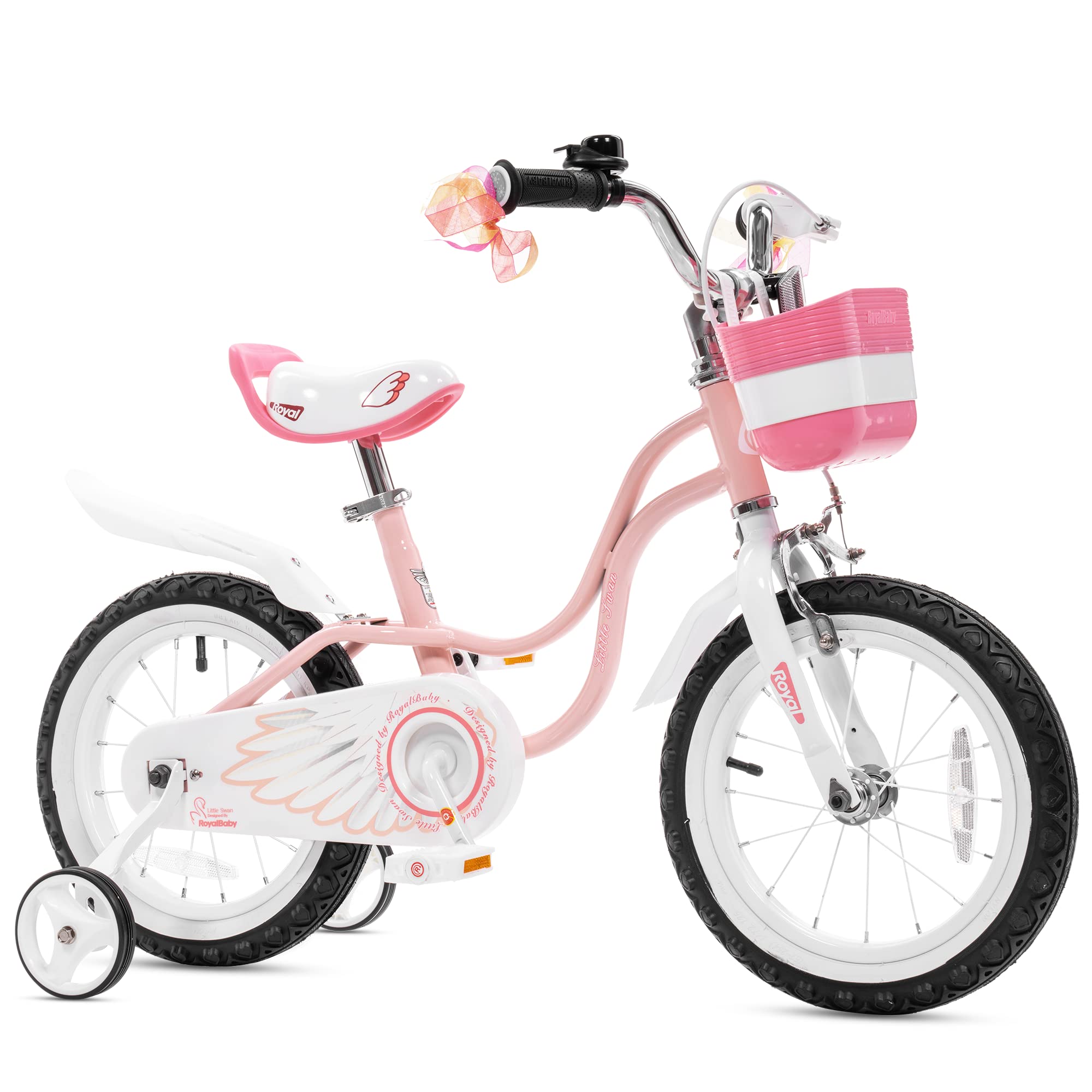 Royalbaby Swan Girls Princess Kids Bike With Basket Mudguards, 12 14 16 18 Inch Toddler Beginners Bicycle For Age 3-10 Years, Tr