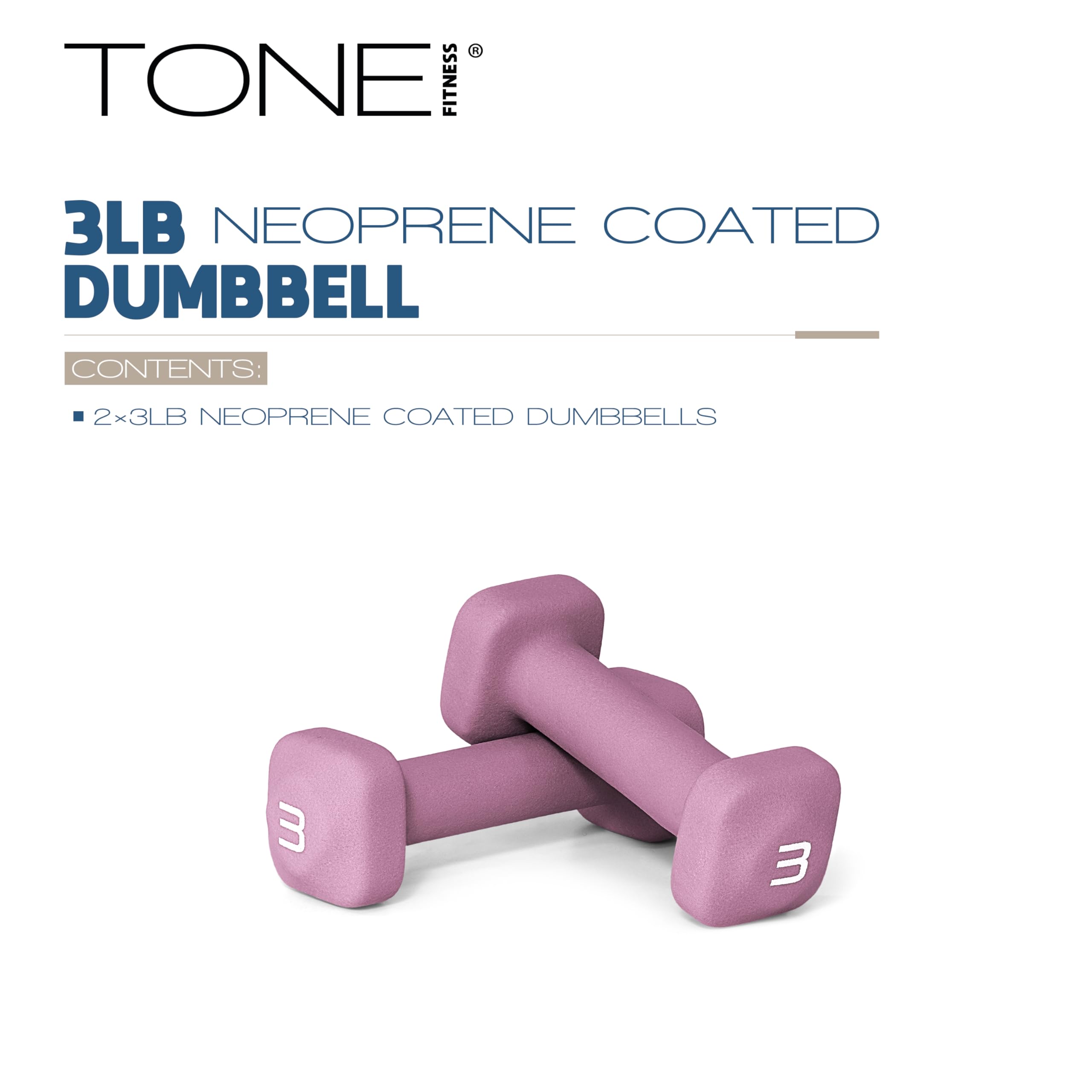 Tone Fitness 3 lb Neoprene Dumbbell Pair for Home Workouts - Non-Slip Design - Purple