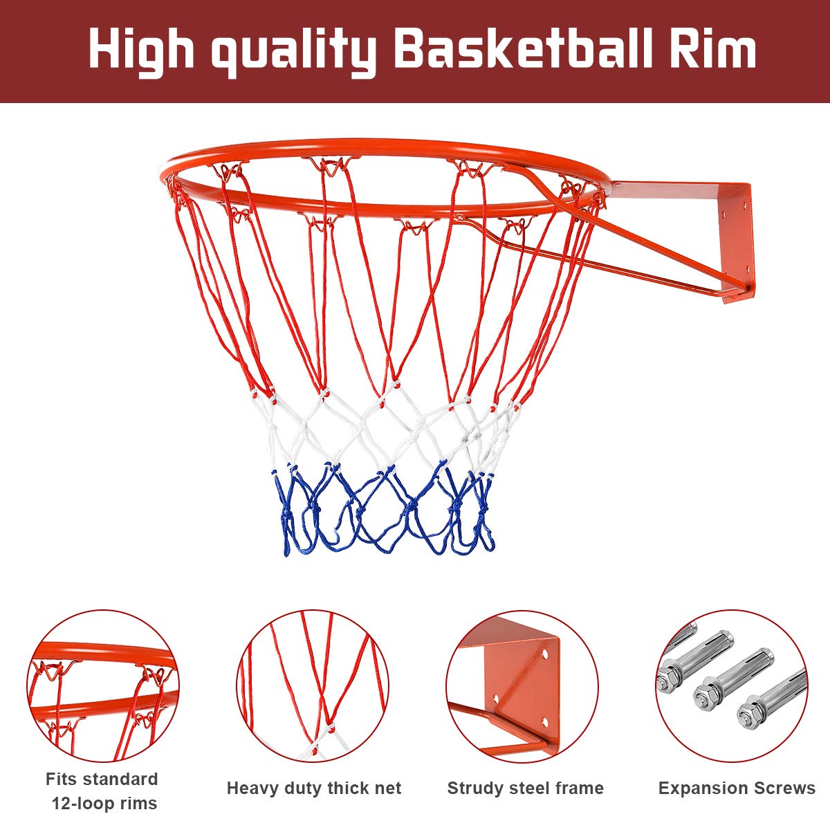 GYMAX Basketball Rim, 15/18 inch Basketball Rim Replacement with All-Weather Net, Basketball Hoop Replacement Rim Outdoor/Indoor