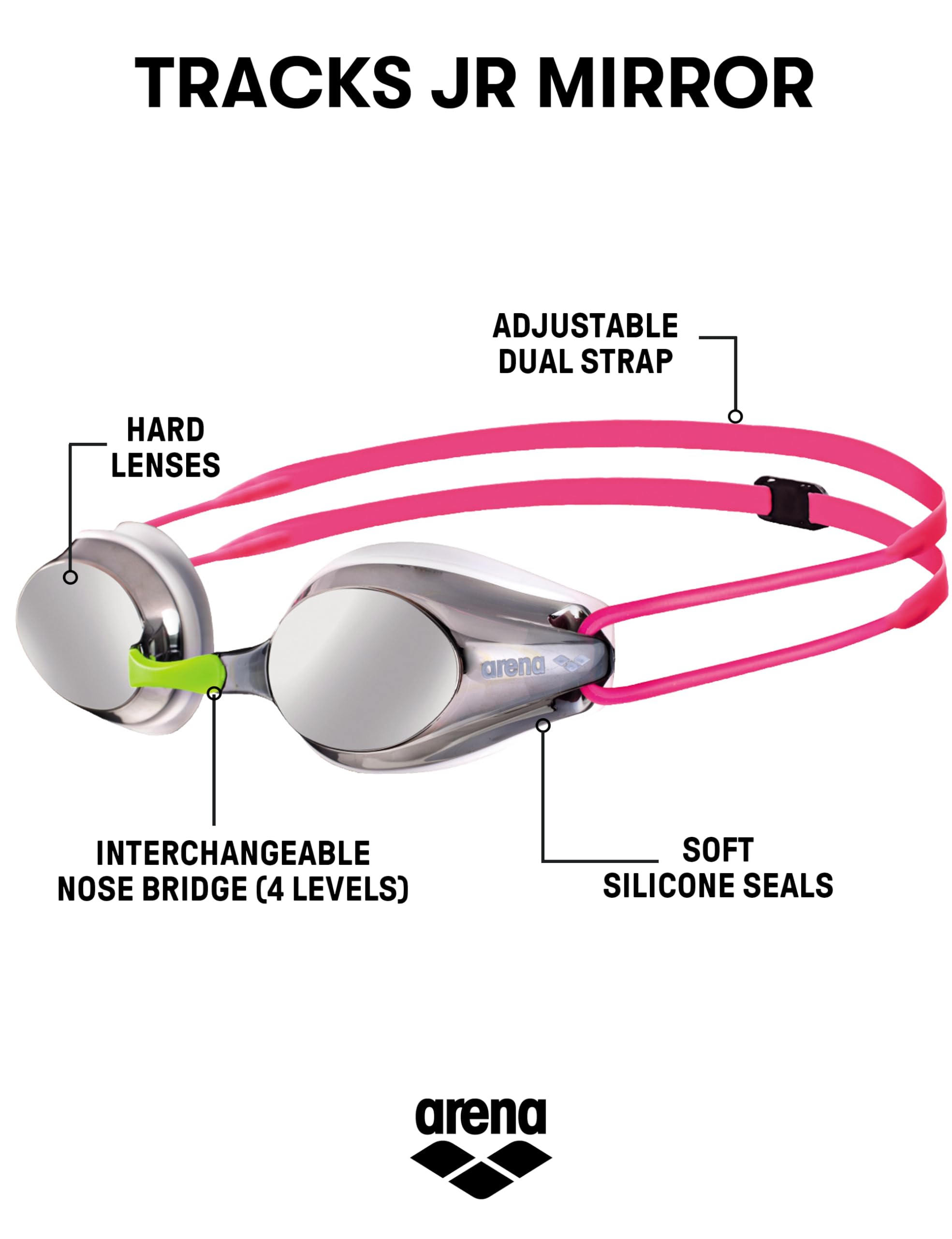 Arena Tracks Unisex Junior Youth Essential Racing Swim Goggles Kids Swimmers Young Racers 6-12 Anti-Fog Coated Mirror Lens, Silv
