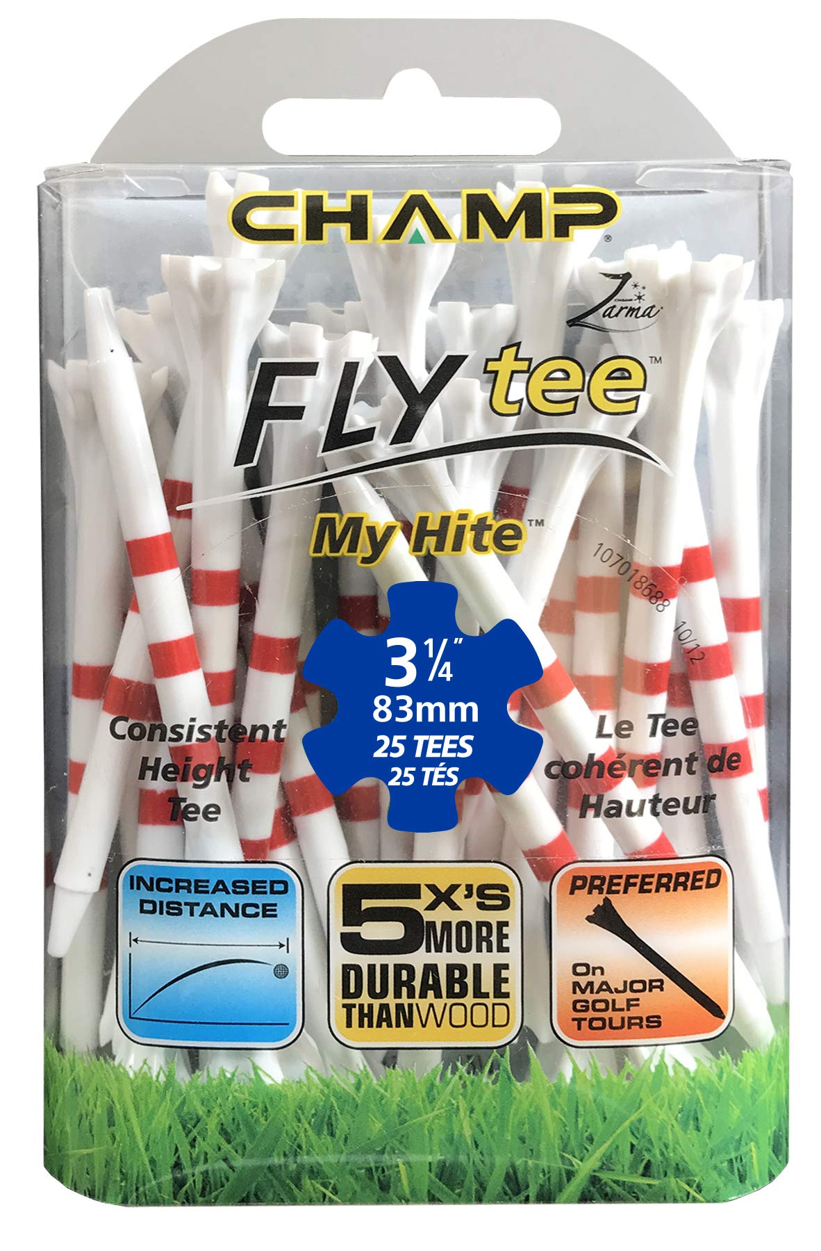Champ 3 1/4 Striped Plastic Golf Tees - 30 Count - Zarma MyHite FLYtee - White with Red Stripes - Improved Durability and Distan