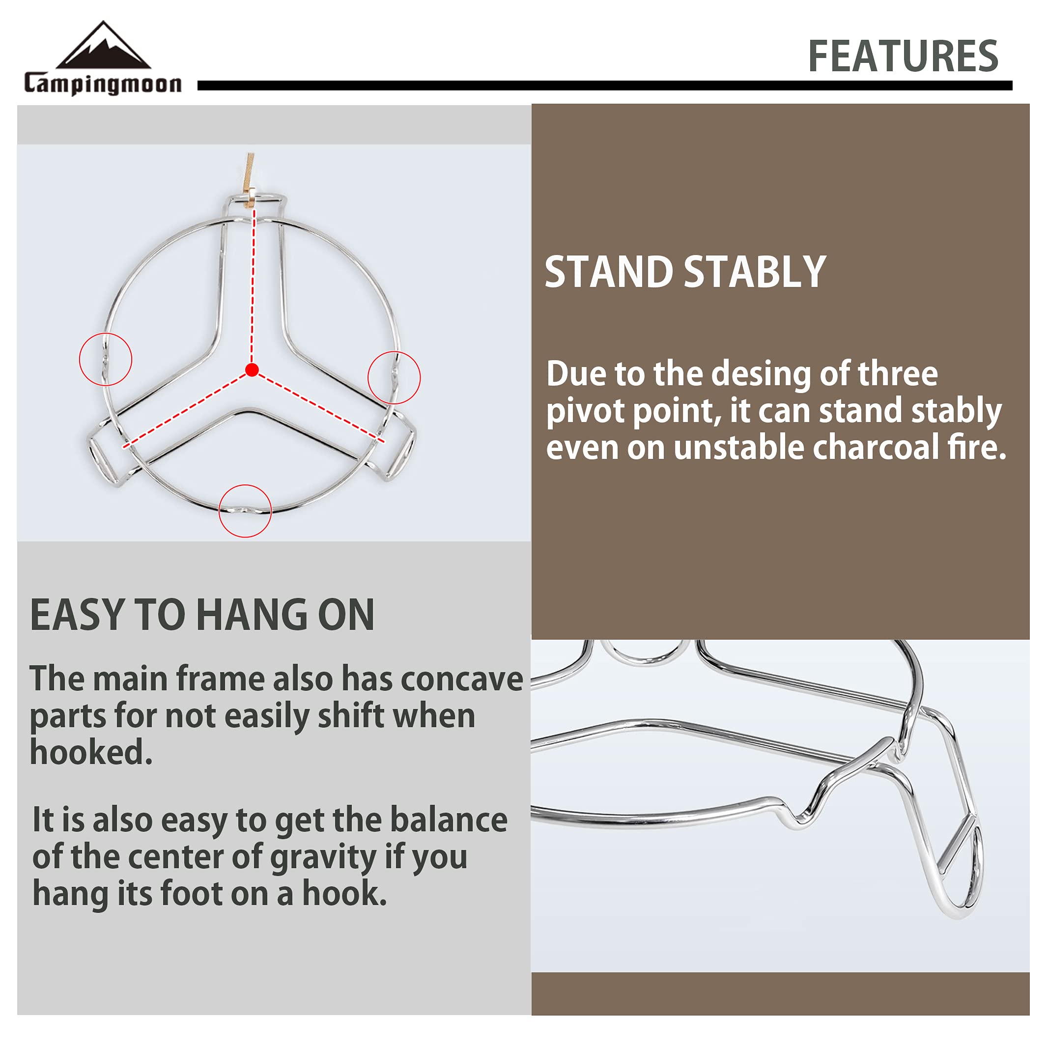 Campingmoon Camping Campfire Trivet Cooking Stand Open Fire Tripod Ms-69 Stainless Steel