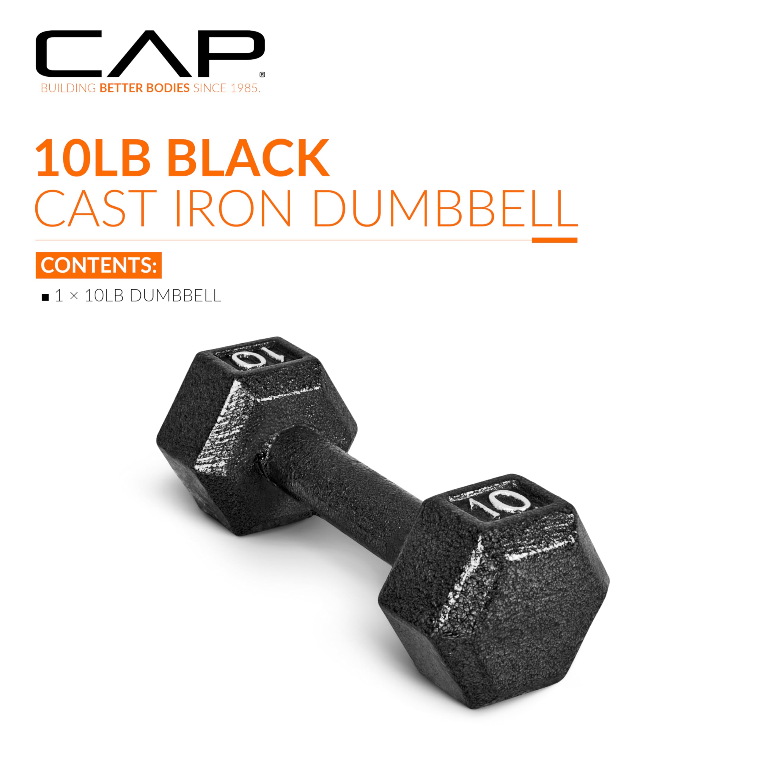 Cap Barbell Cast Iron Hex Dumbbell, Black, Single, 10 Lb