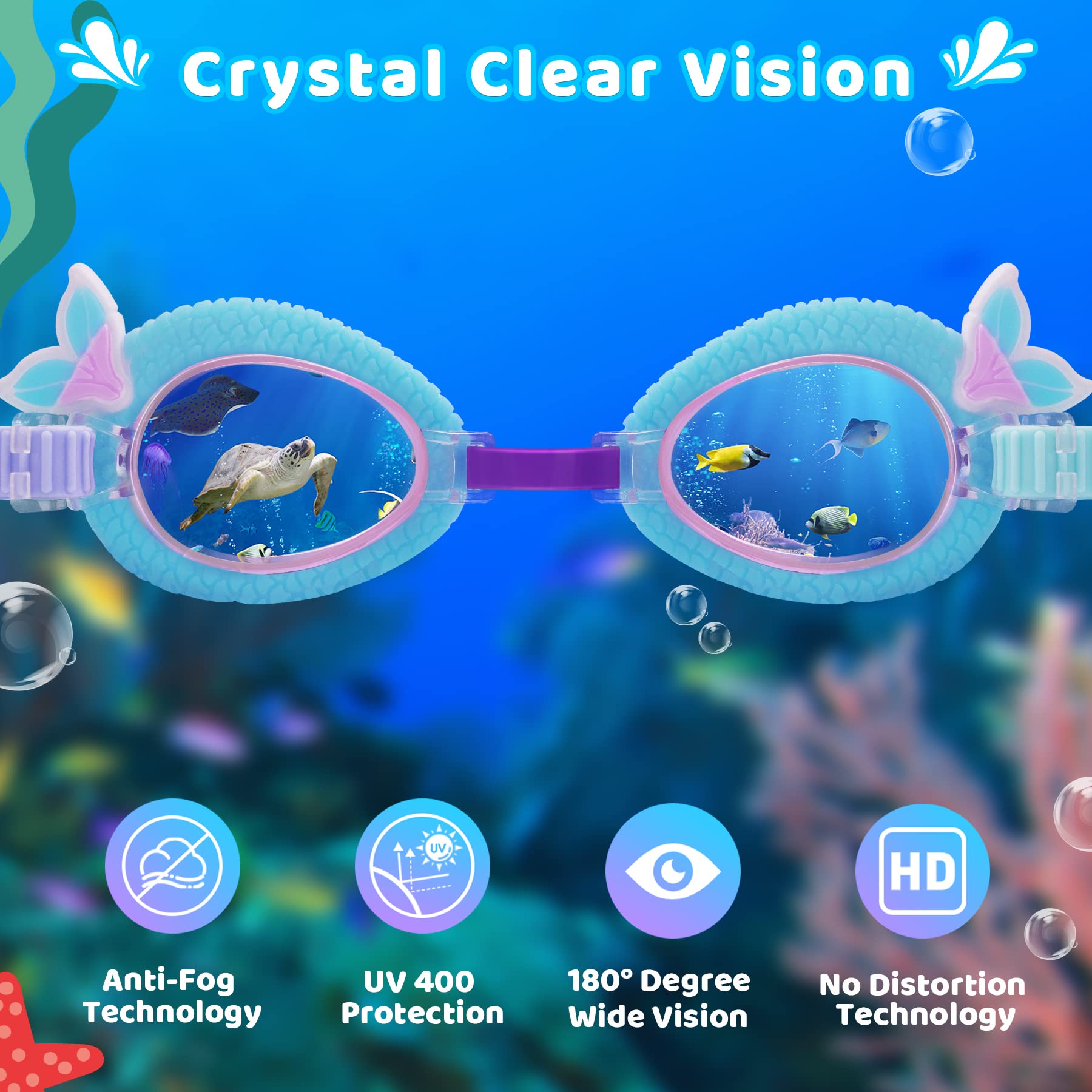 Vvinca Kids Swim Goggles With Fabric Strap No Tangle Pain-Free, Anti-Fog Swimming Pool Goggle No Leak For Toddlers Girls Boys