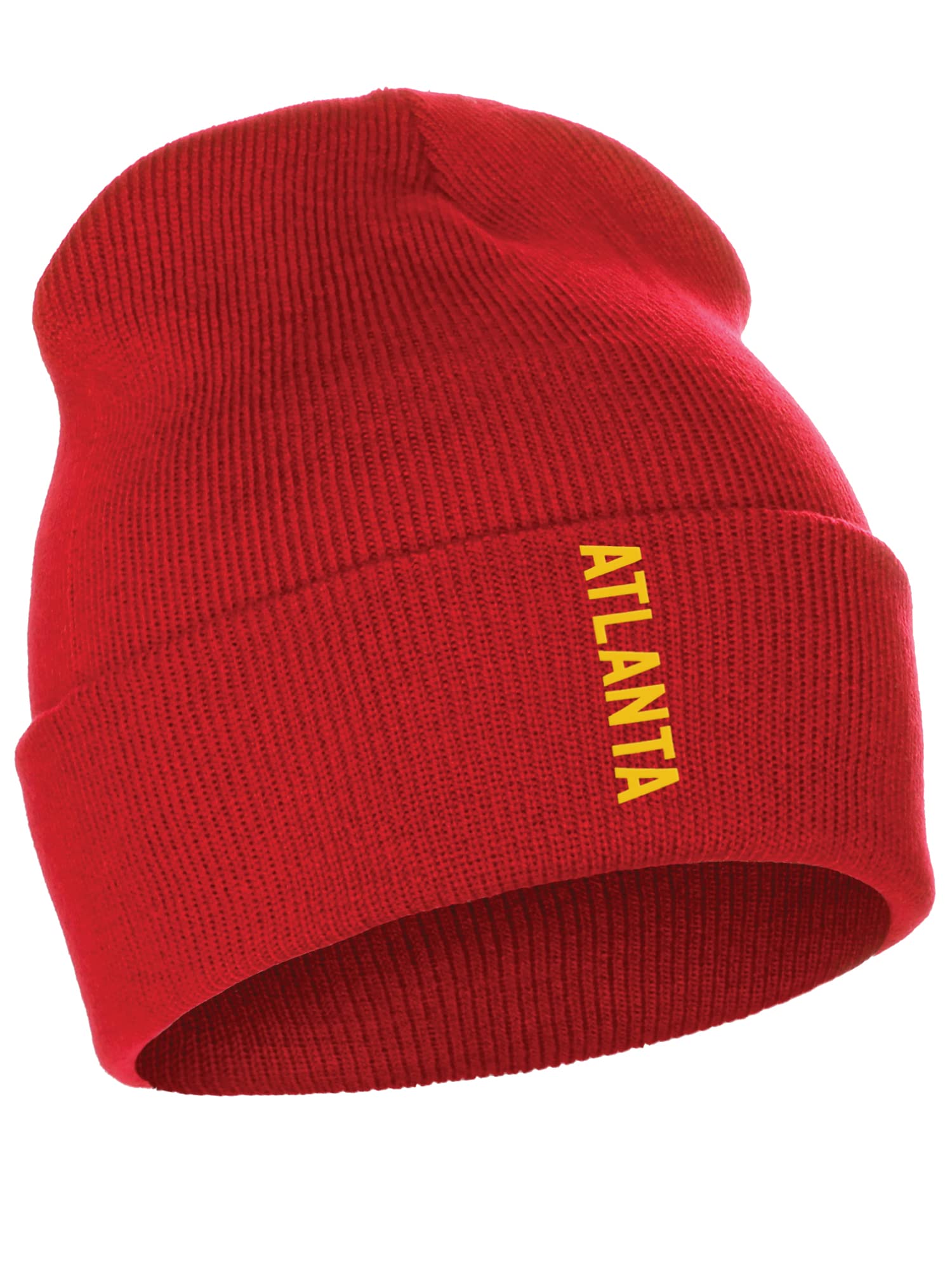 Daxton Vertical Usa Cities Cuffed Beanie Winter Knit Hat Skully Cap, Atlanta Red Gold