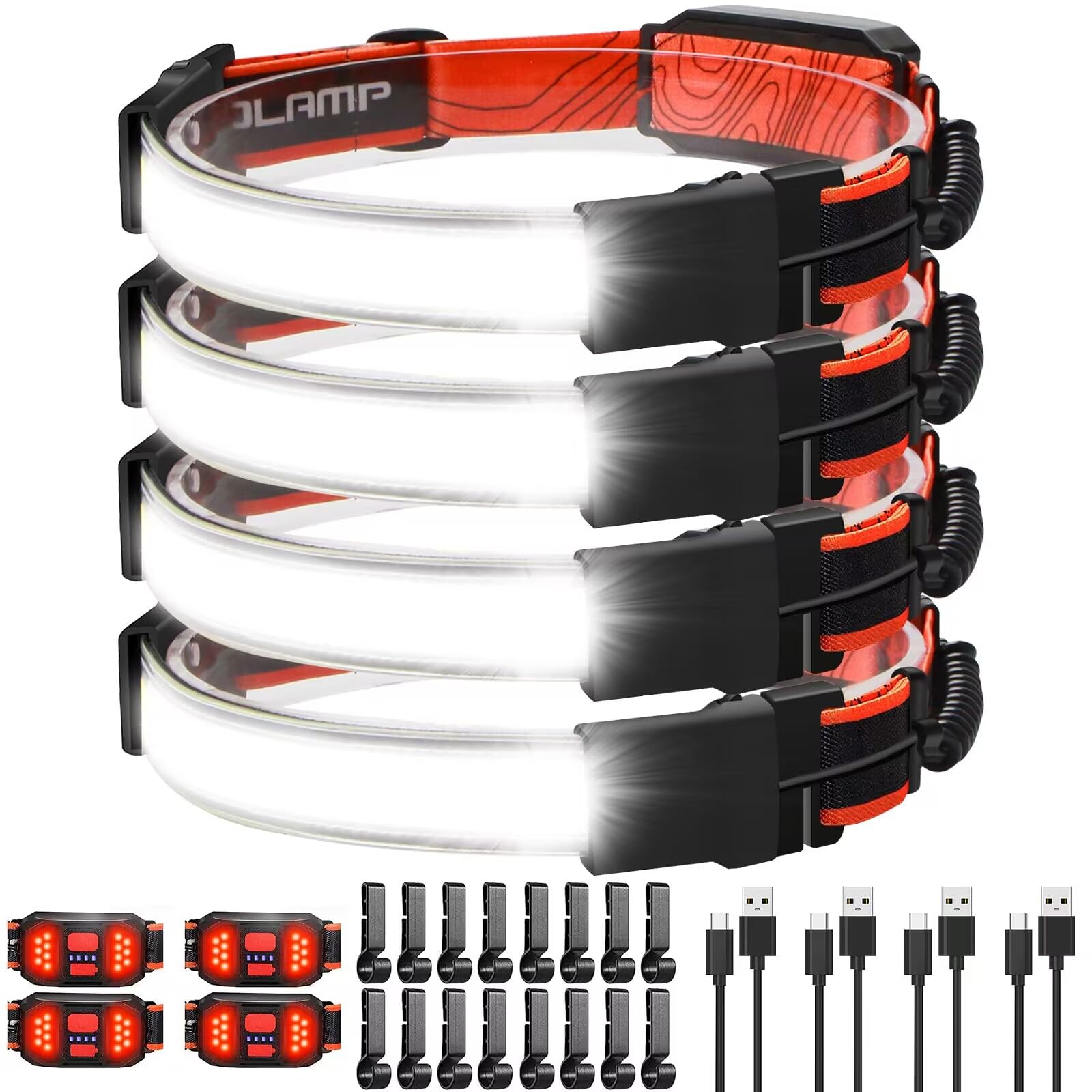 LED Headlamp Flashlight 4Packs, 1000lumens 230 Broadbeam Headlight, USB Rechargeable Head Lamp with Red Taillight, Lightweight W