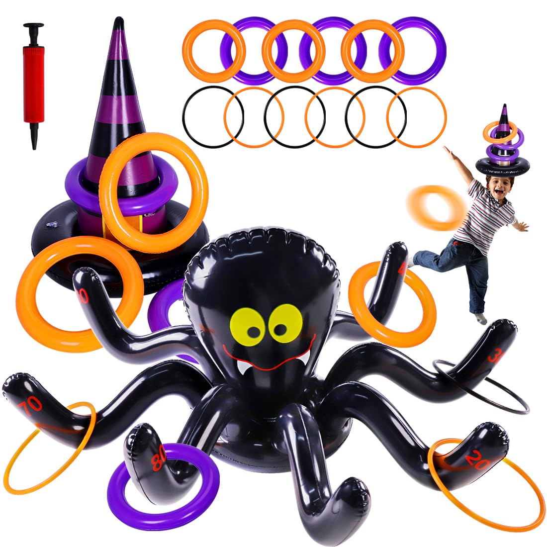 Max Fun Halloween Ring Toss Games Inflatable Spiders Ring Toss Witchs Hat Toss Game for Kids Halloween Party Favors Supplies Ind