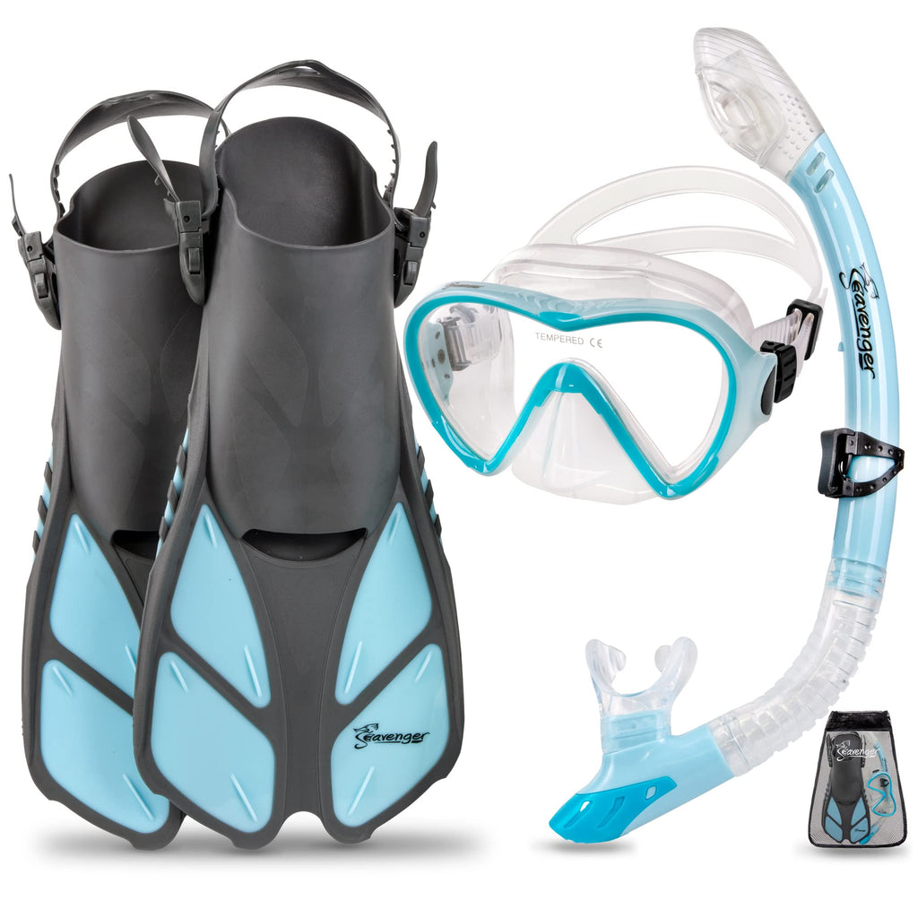 Seavenger Diving Dry Top Snorkel Set With Trek Fin, Single Lens Mask And Gear Bag, S/M - Size 4.5 To 8.5, Gray/Dodger Blue