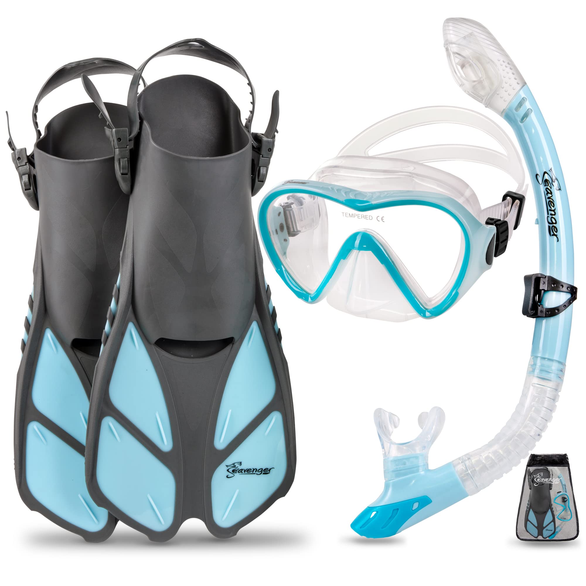 Seavenger Diving Dry Top Snorkel Set With Trek Fin, Single Lens Mask And Gear Bag, S/M - Size 4.5 To 8.5, Gray/Dodger Blue
