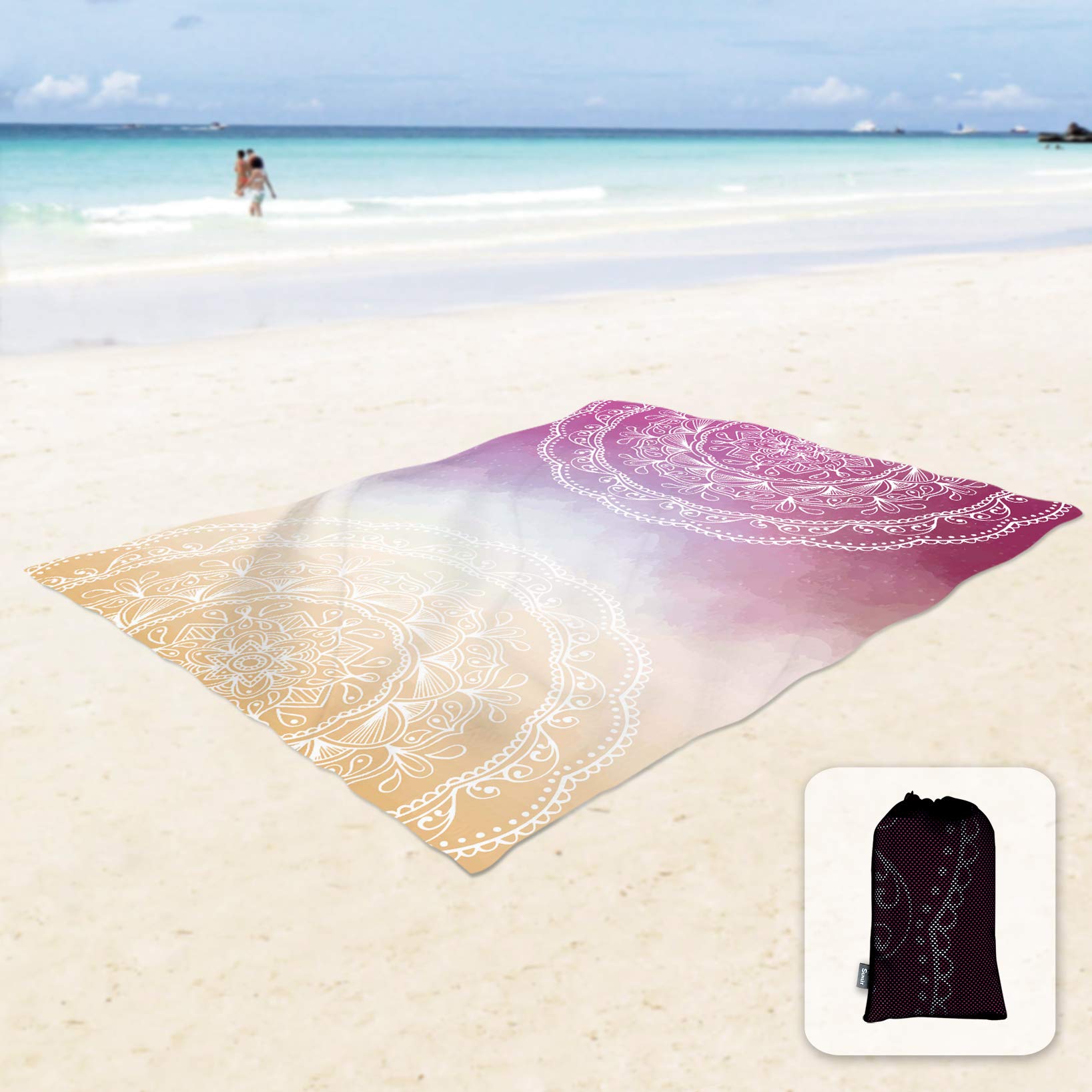 Sunlit Silky Soft 106X81 Boho Sand Proof Beach Blanket Sand Proof Mat With Corner Pockets And Mesh Bag For Beach Party, Travel,
