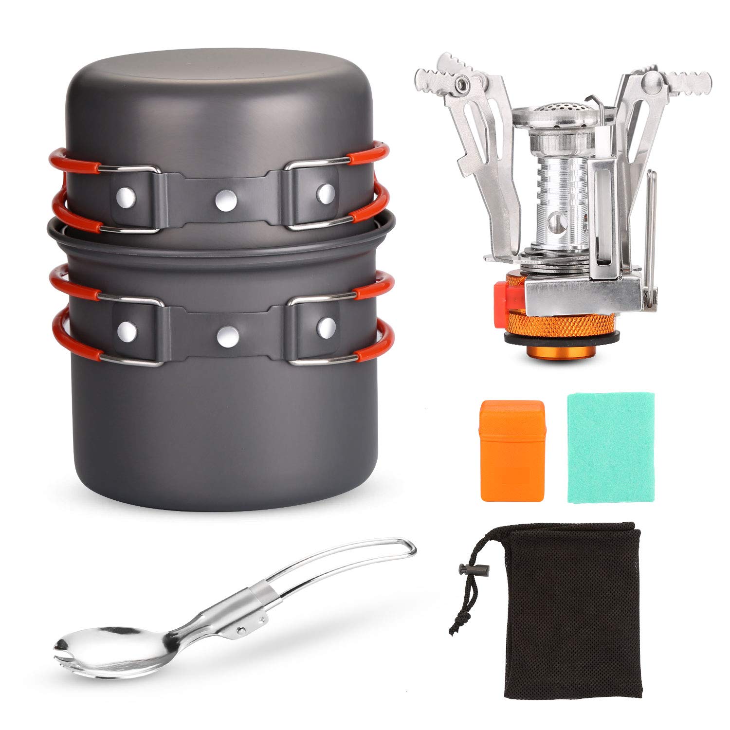 Odoland 6Pcs Camping Cookware Mess Kit With Lightweight Pot, Stove, Spork And Carry Mesh Bag, Great For Backpacking Outdoor Camp