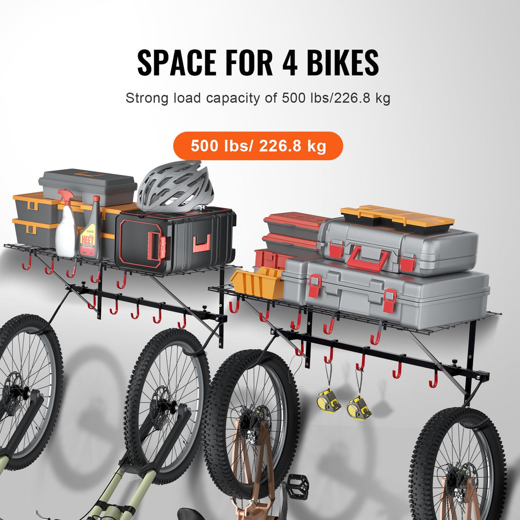 Vevor Bike Storage Rack Wall Mount Garage Bike Holder & 2 Shelves For 4 Bicycles