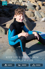 Hevto Wetsuits Kids 3/2Mm Neoprene Full Wet Suit Thermal Children Boy Youth Girl For Swimming Water Sports (K01-Blue, 14)