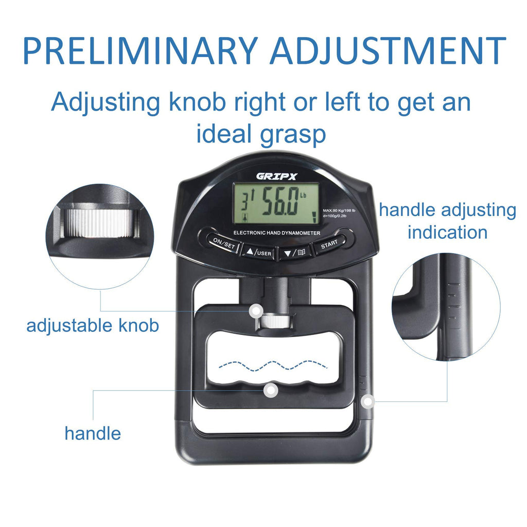 Gripx Digital Hand Dynamometer Grip Strength Measurement Meter Auto Capturing Electronic Hand Grip Power 198Lbs / 90Kgs, Black