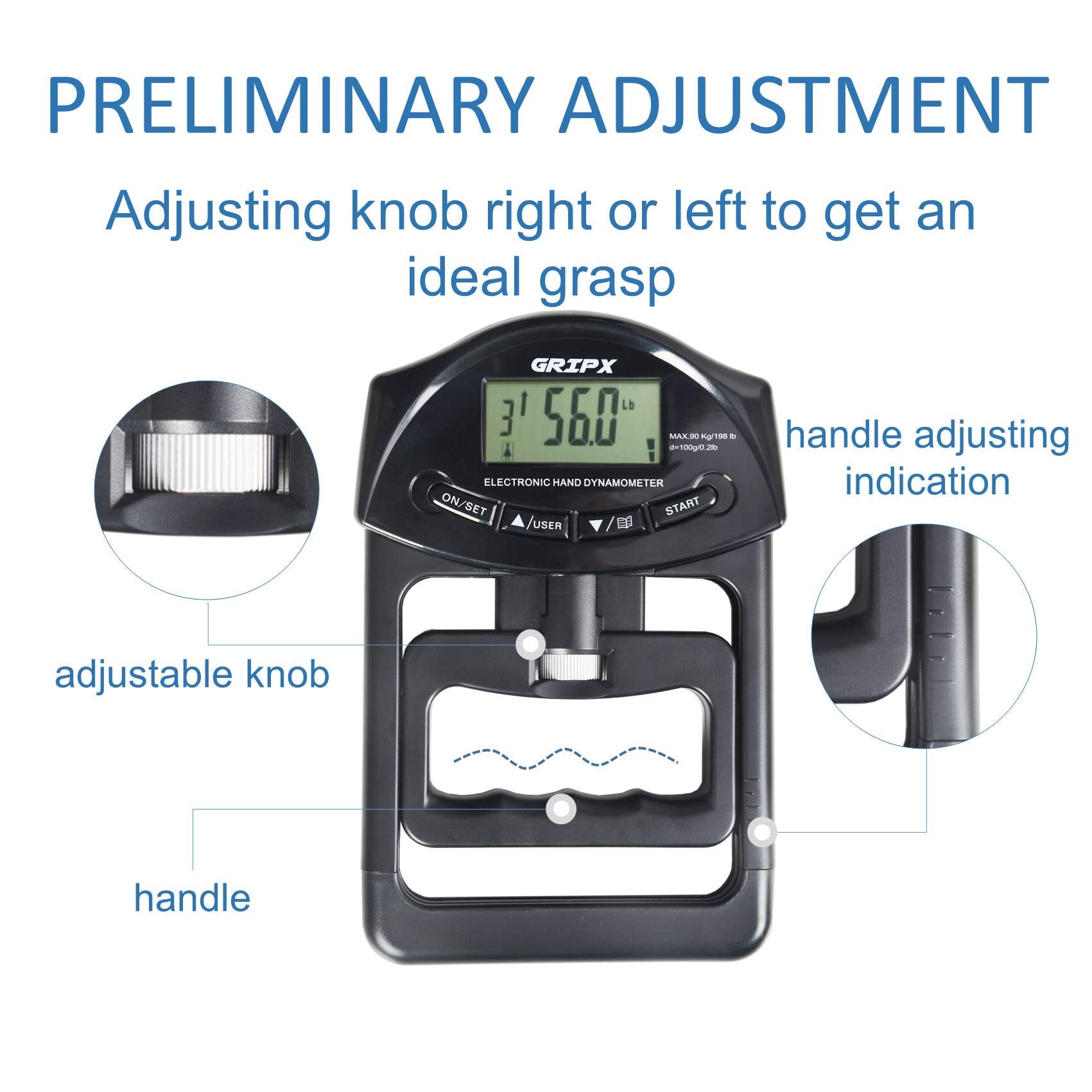 Gripx Digital Hand Dynamometer Grip Strength Measurement Meter Auto Capturing Electronic Hand Grip Power 198Lbs / 90Kgs, Black