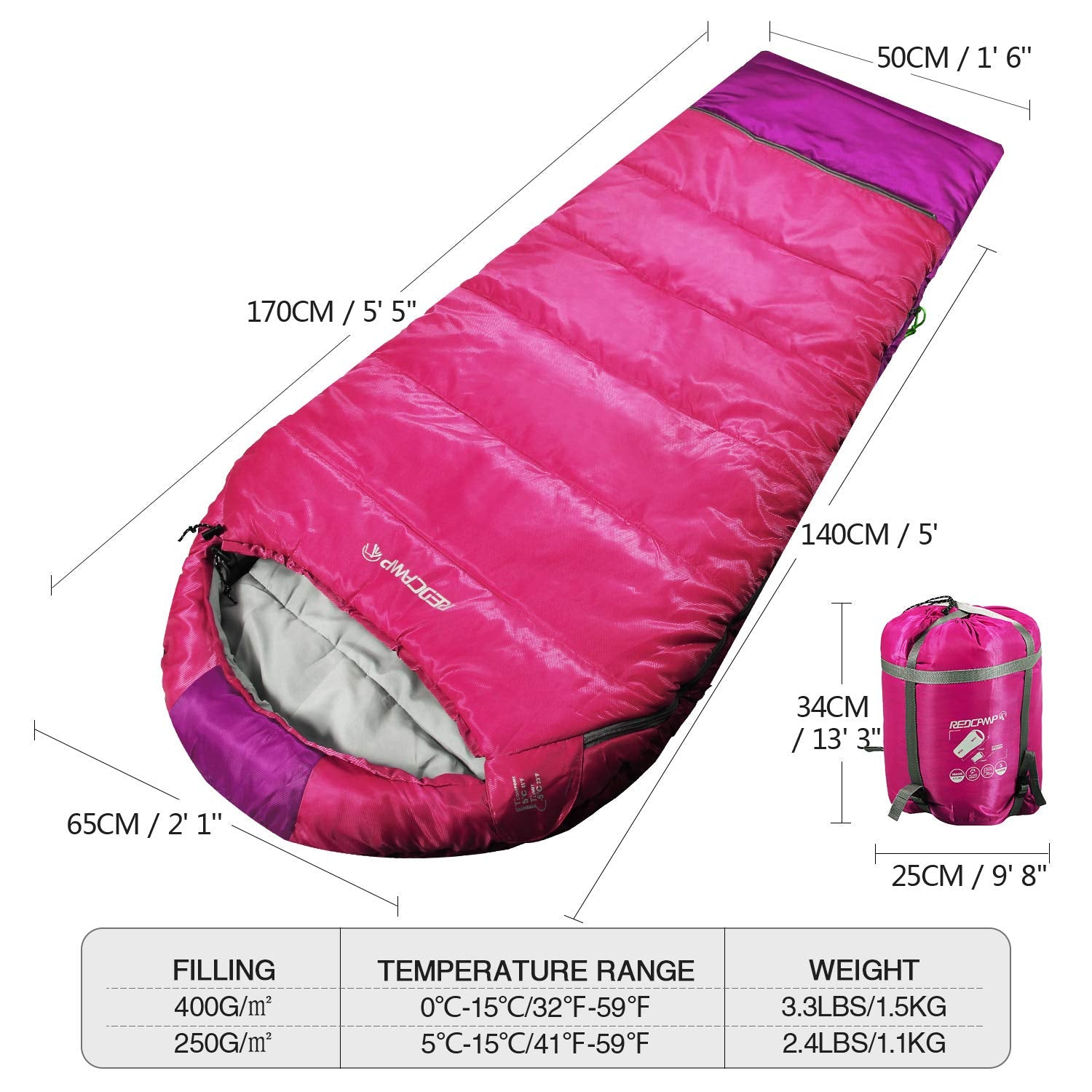 Redcamp Kids Mummy Sleeping Bag For Camping Zipped Small, 32 Degree All Season Cold Weather Fit Boys,Girls & Teens (Pink With 3.