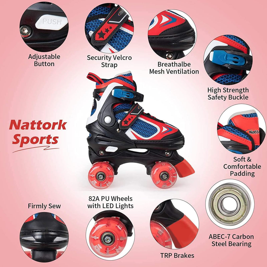 Kids Roller Skates For Boys - Red For Toddler Little Kids Age 4 5 6 7- Adjustable All Light Up Wheels Indoor Outdoor Sports Birt
