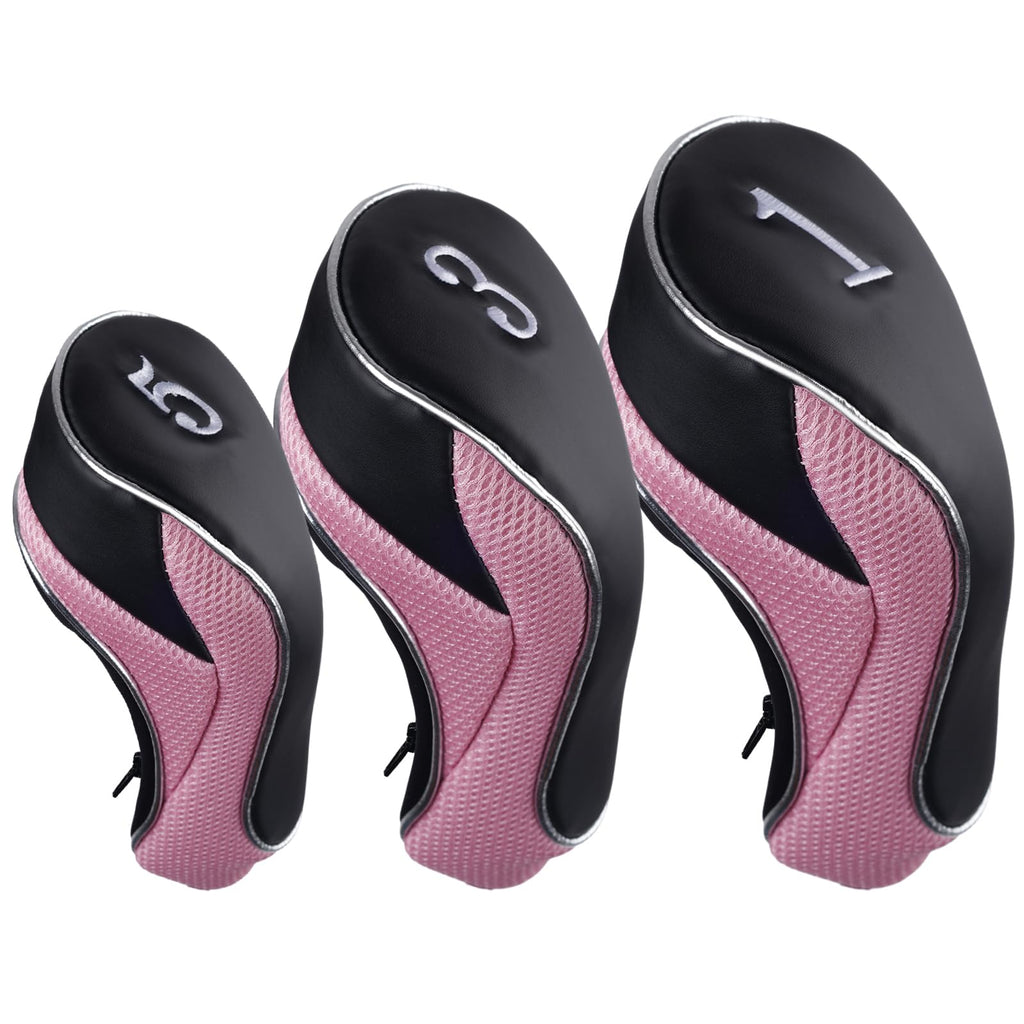 Andux Golf 460Cc Driver Fairway Wood Head Covers With Zipper Closure Set Of 3 (Black/Pink)