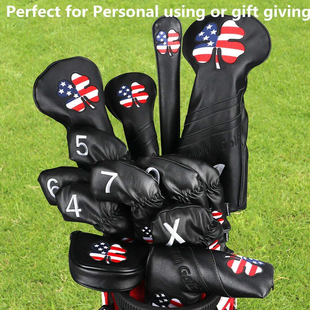 Craftsman Golf 11Pcs /Set (4,5,6,7,8,9,A,S,P,L,X) Usa Us Flag Clover Leather Black Iron Covers Headcover