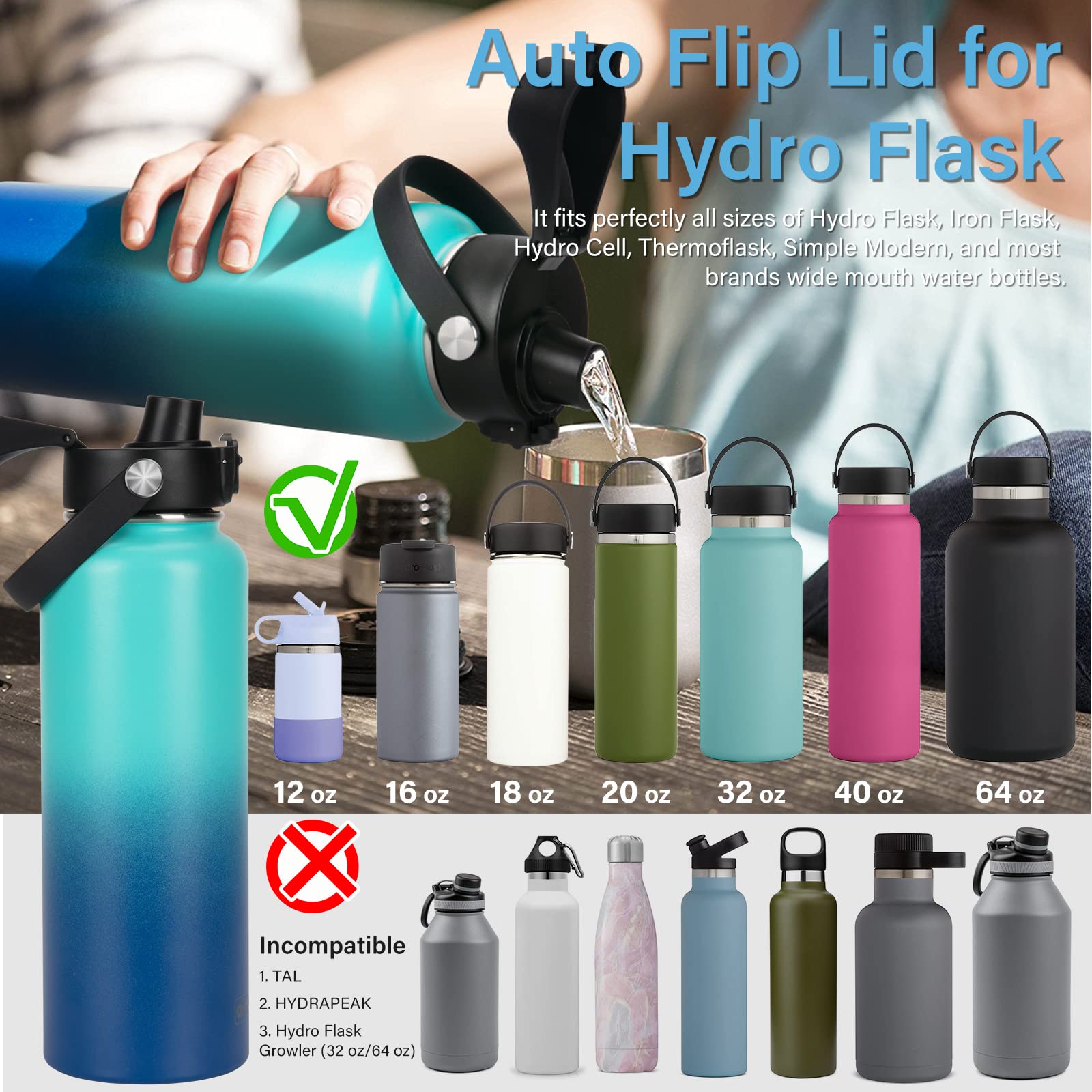 Eiposau Auto Flip Lid For Hydro Flask Wide Mouth, Great Spout Lid For Simple Modern, Takeya, Iron Flask And Other Brands, Replac
