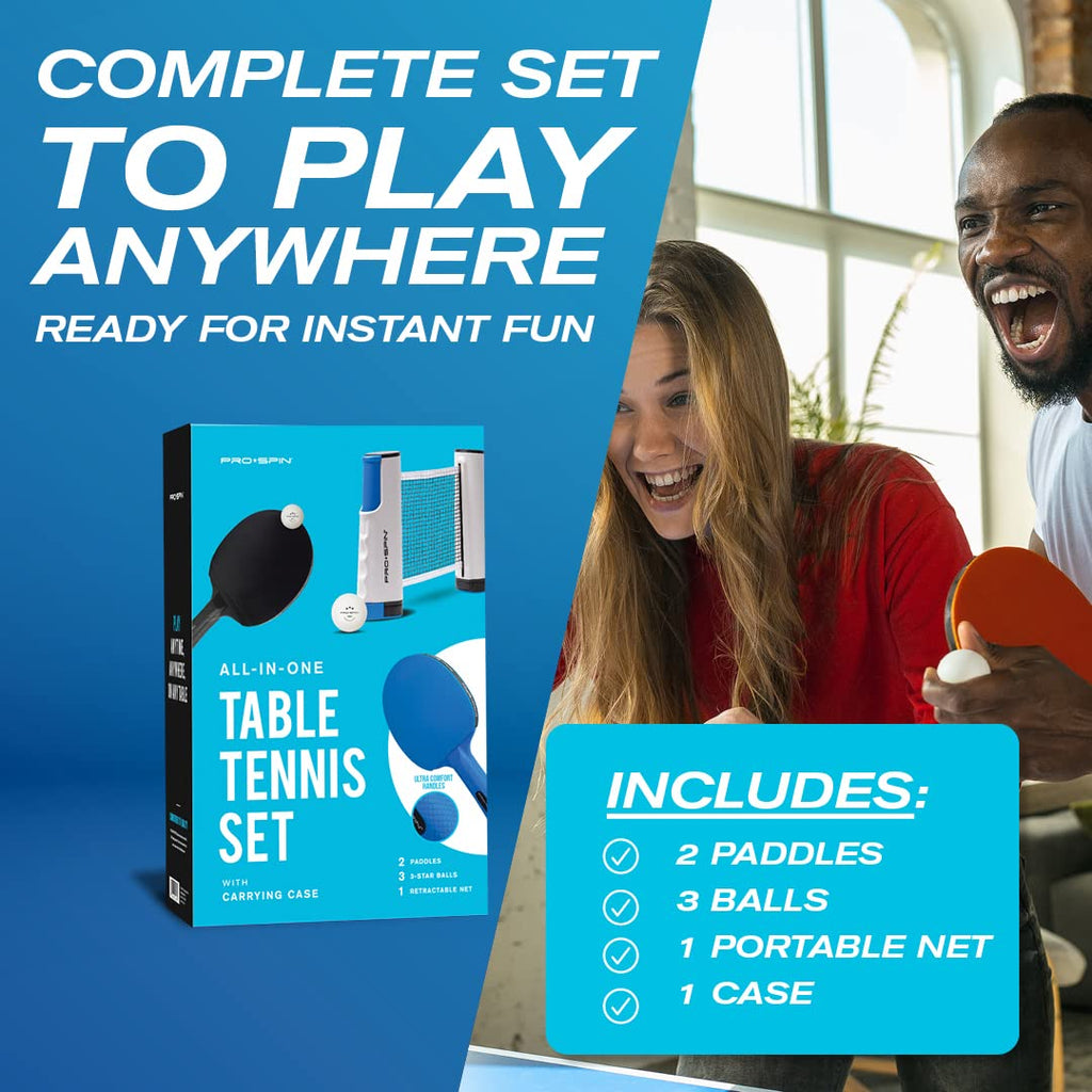 Pro-Spin All-In-One Portable Ping Pong Set With Ultra-Comfort Ping Pong Paddles | Table Tennis Set With Retractable Ping Pong Ne