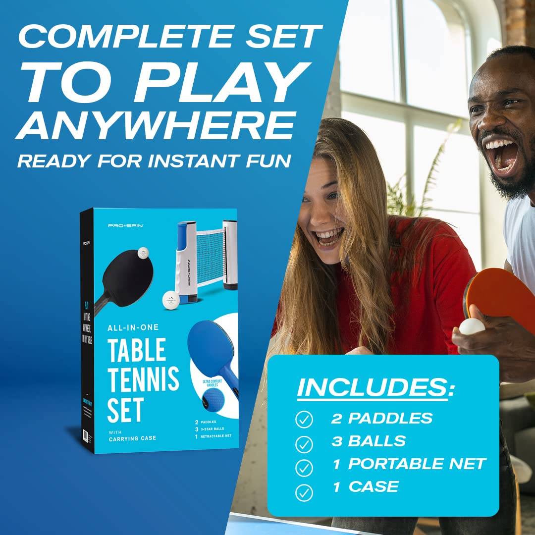 Pro-Spin All-In-One Portable Ping Pong Set With Ultra-Comfort Ping Pong Paddles | Table Tennis Set With Retractable Ping Pong Ne