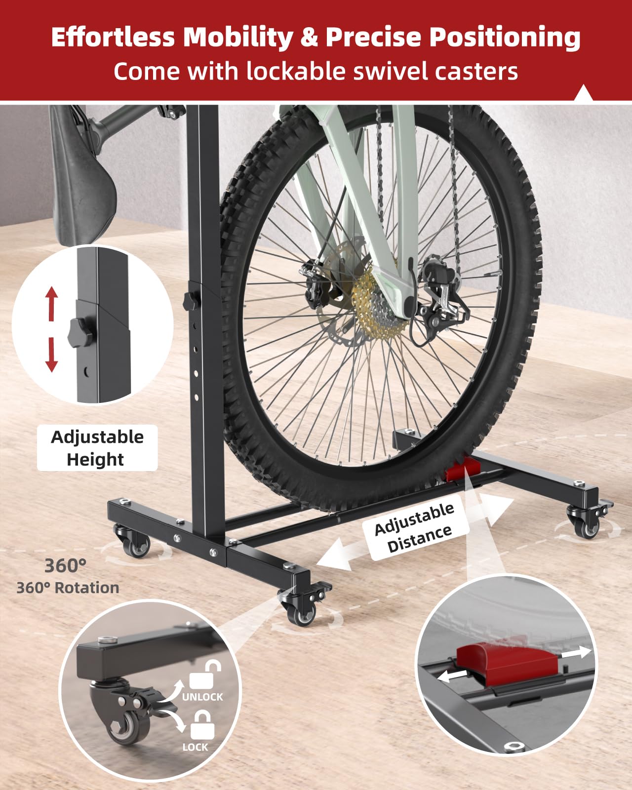 Fitense Bike Rack, Vertical Bike Stand With Swivel Casters, Horizontal Adjustable Height Bicycle Stand For Apartment, Bike Holde