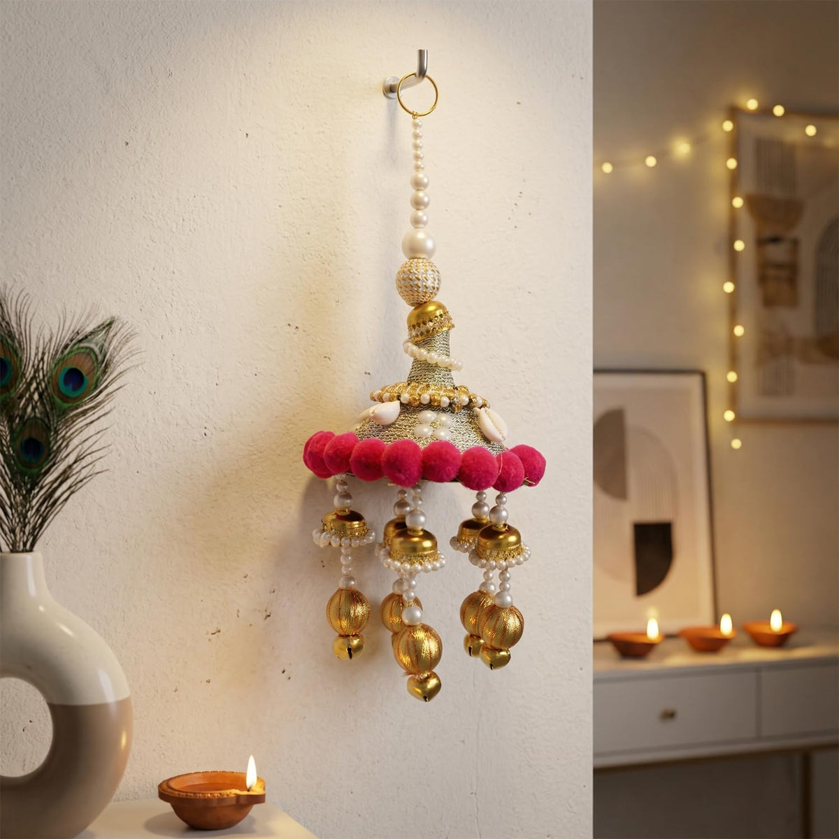 Decorative Wall Hanging Bell Ornament for Home Decor  Traditional Indian Jhumki Style Toran with Pom Poms and Pearl Accents for