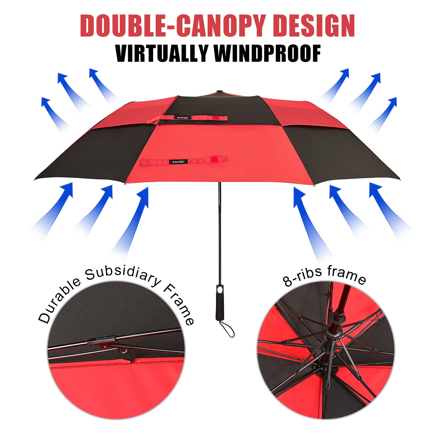 G4Free 62Inch Portable Golf Umbrella Automatic Open Large Oversize Vented Double Canopy Windproof Waterproof Sport Umbrellas(Bla