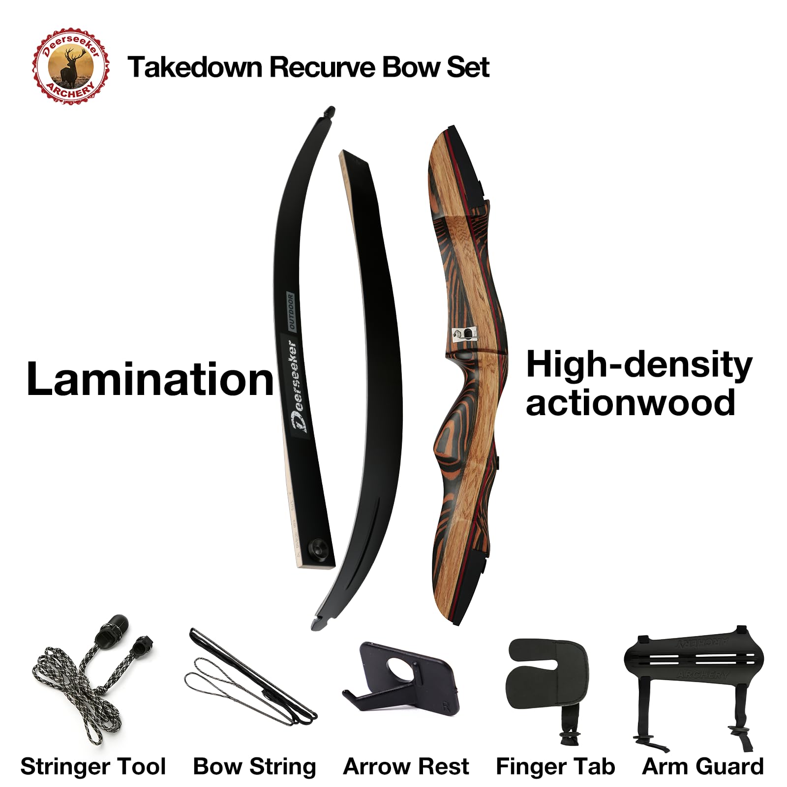 Deerseeker Archery 62 Takedown Recurve Bow Set With Right Hand & Left-Handed Riser Laminated Limbs 20-60 Lbs For Adults & Youth,