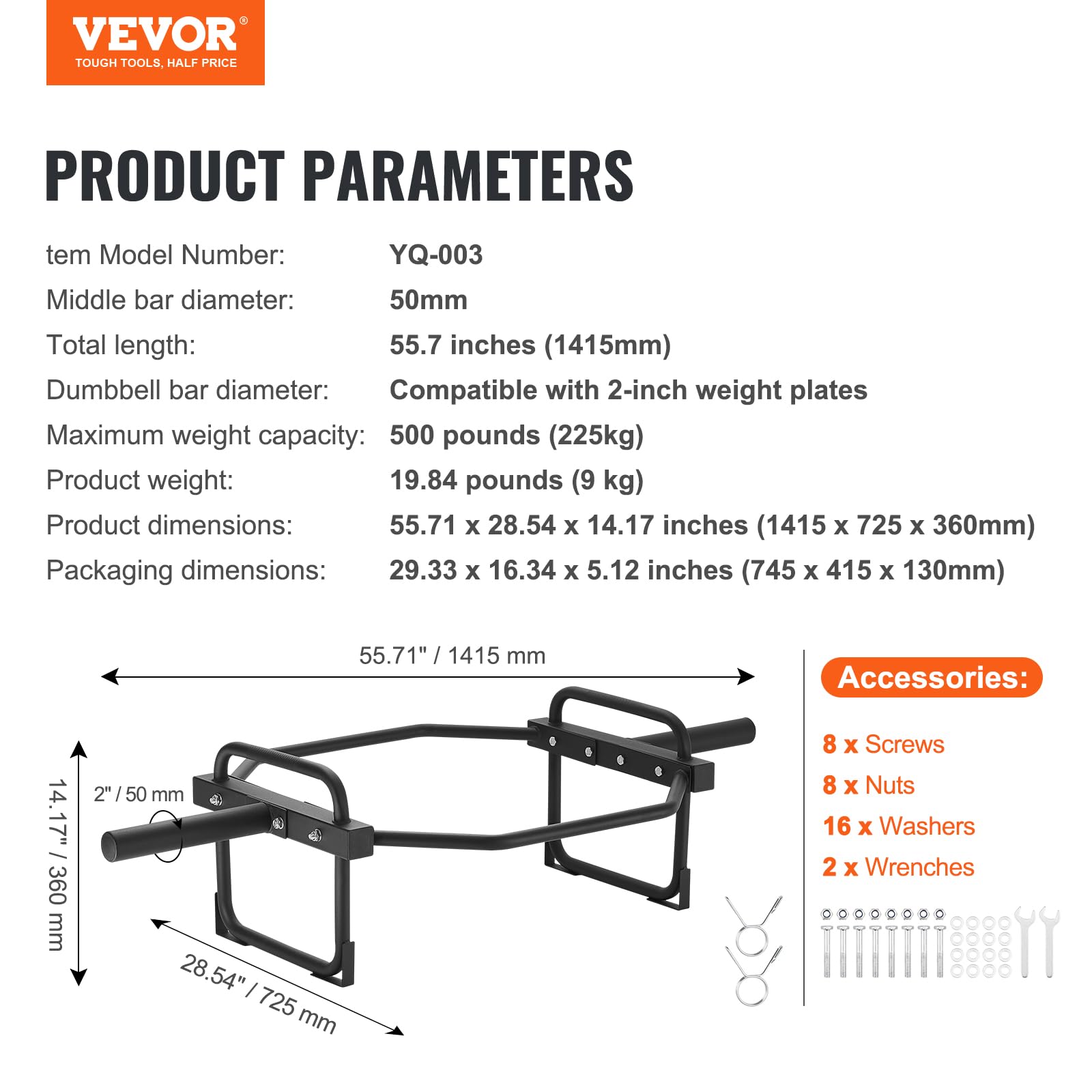 Vevor Trap Bar, 500 Lbs Hex Barbell Trap Bar, 55.7'' Squat Deadlift Barbell, 25Mm Diameter Weight Lifting Strength Training Shru
