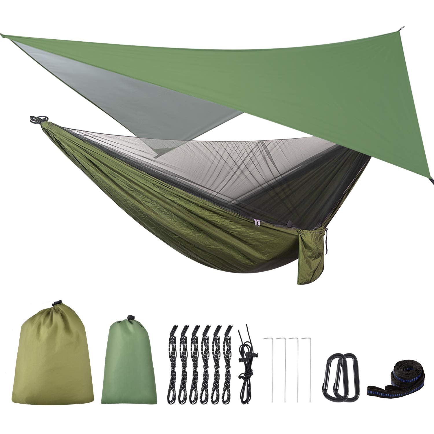 Firiner Camping Hammock With Rain Fly Tarp And Mosquito Net Tent Tree Straps, Portable Single Double Nylon Parachute Hammock Rai
