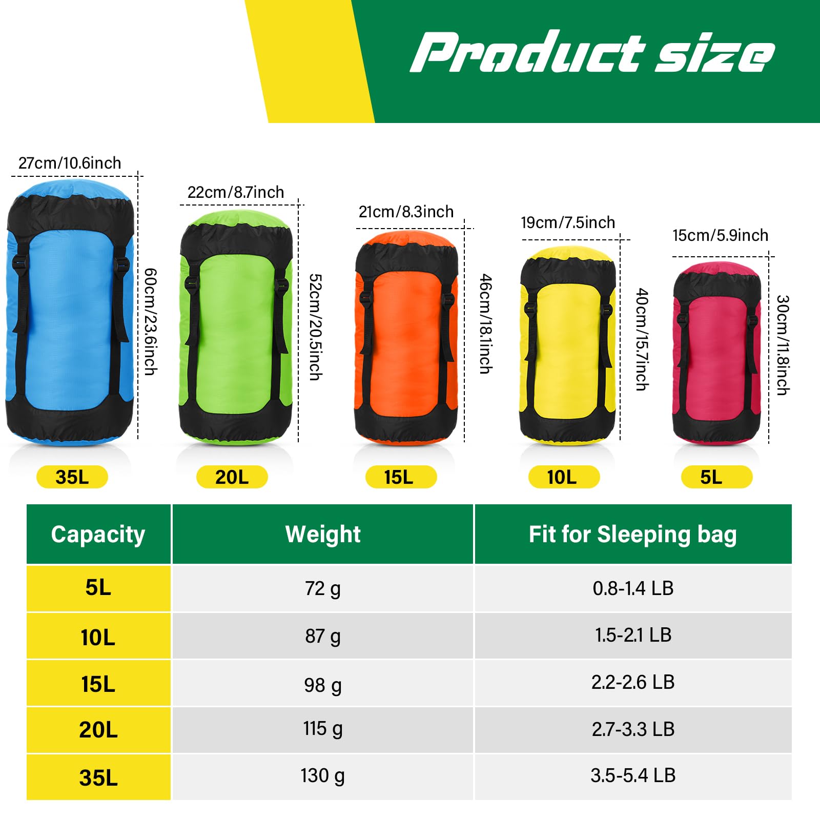 Glicraft 5 Pcs 5L/10L/15L/20L/35L Camping Sleeping Bag Compression Sacks For Backpacking Water Resistant Sleeping Bag Stuff Sack