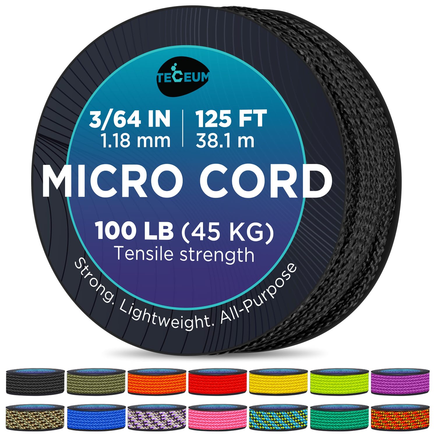 Teceum Micro Paracord - Black - 1.18 Mm X 125 Ft - Micro Utility Cord - Thin Braided Paracord Rope Nylon Polyester - Wind Chime 