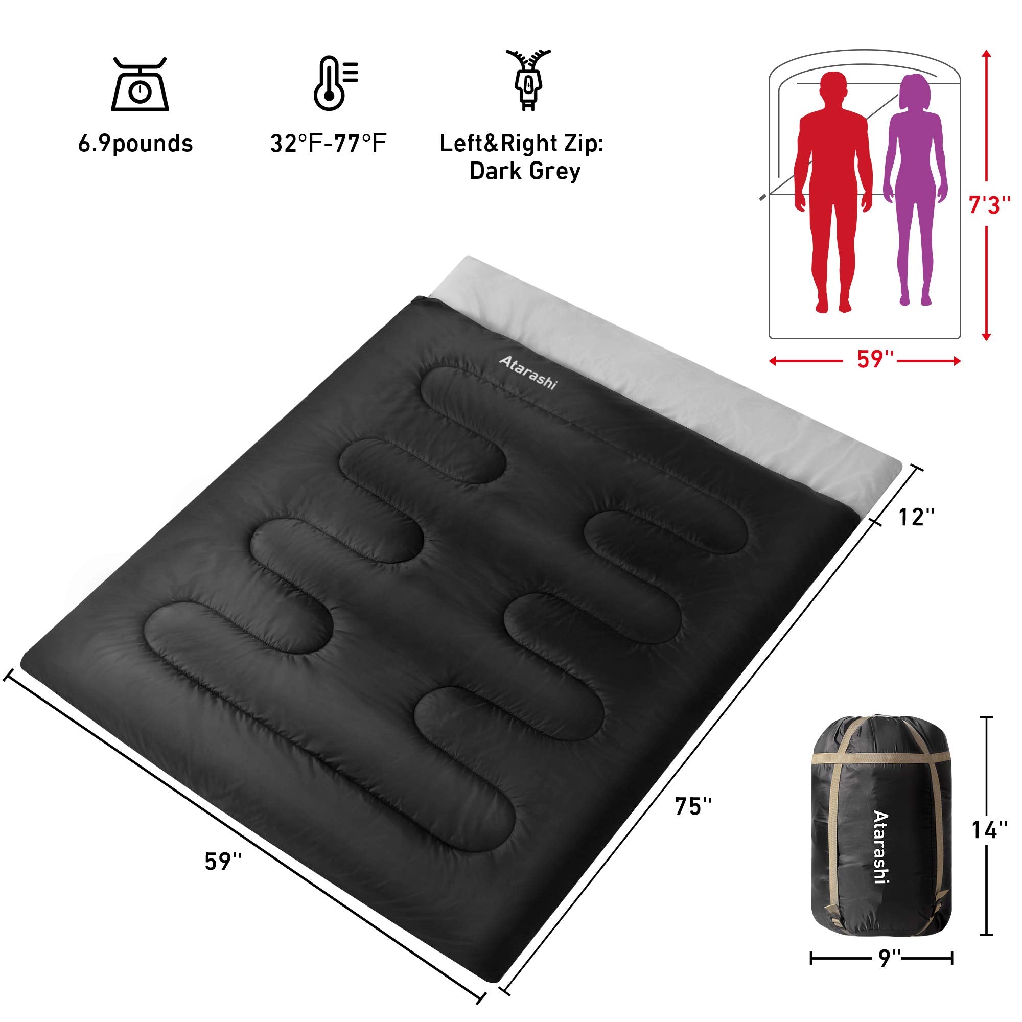 Atarashi Double Sleeping Bags For Adults, 3-4 Seasons Extra Wide Xl Queen Size Two Person Sleeping Bag, Couple Black Sleeping Ba