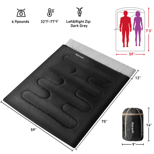 Atarashi Double Sleeping Bags For Adults, 3-4 Seasons Extra Wide Xl Queen Size Two Person Sleeping Bag, Couple Black Sleeping Ba