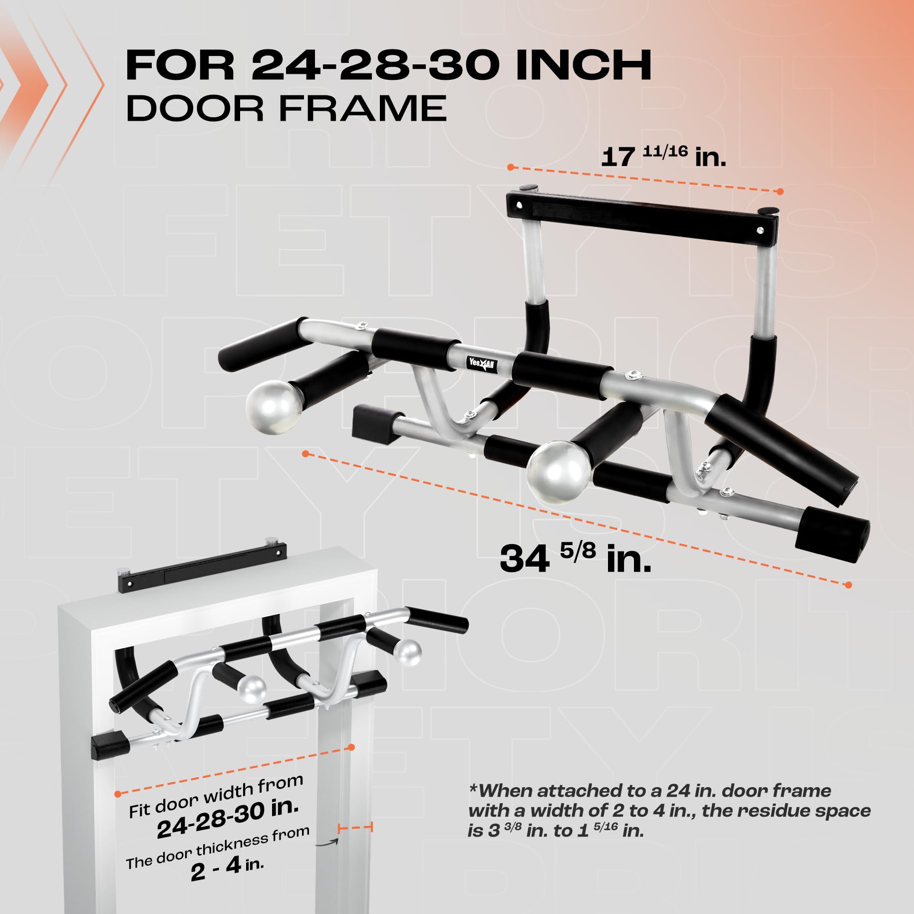 Yes4All Heavy Duty Steel Elevated Door Pull Up Bar, Adjustable Pull Up Bar For Doorway Of 24 To 36 Inch, Multi-Grip For Differen