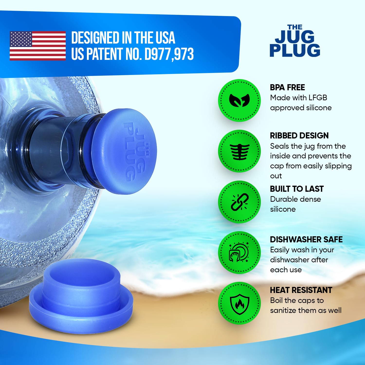 The Jug Plug Original 5 Gallon Water Jug Cap Reusable - No Spill Silicone 3 & 5 Gallon Water Jug Lid Fits 55Mm Bottles - Easy-To