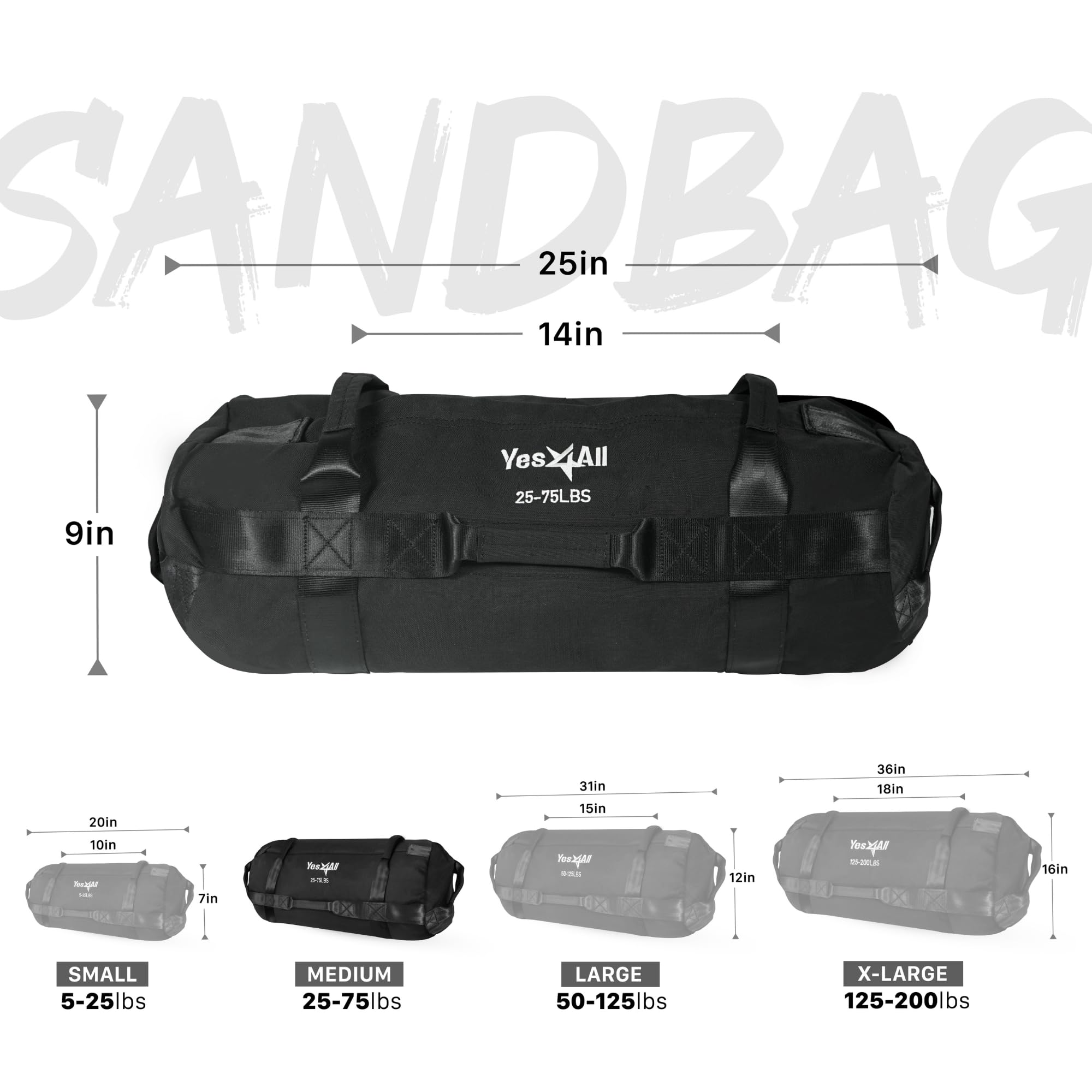 Yes4All Workout Sandbags, Heavy Duty Sandbags For Fitness, Conditioning, Mma & Combat Sports - Black - M