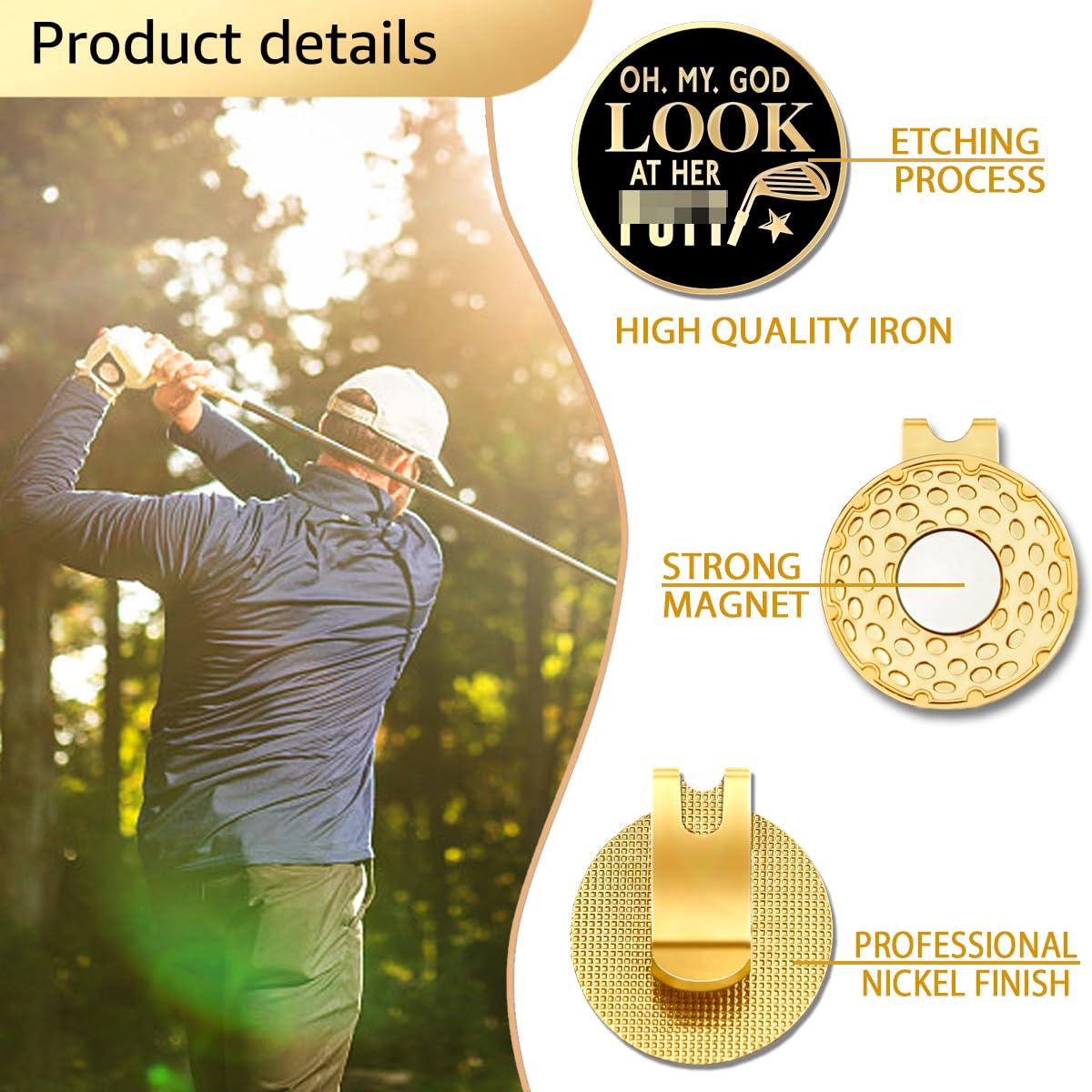 Geygie Oh My God Look At Her Black Gold Golf Ball Marker With Magnetic Hat Clip, Golf Accessories For Men Women, Golf Gift For M