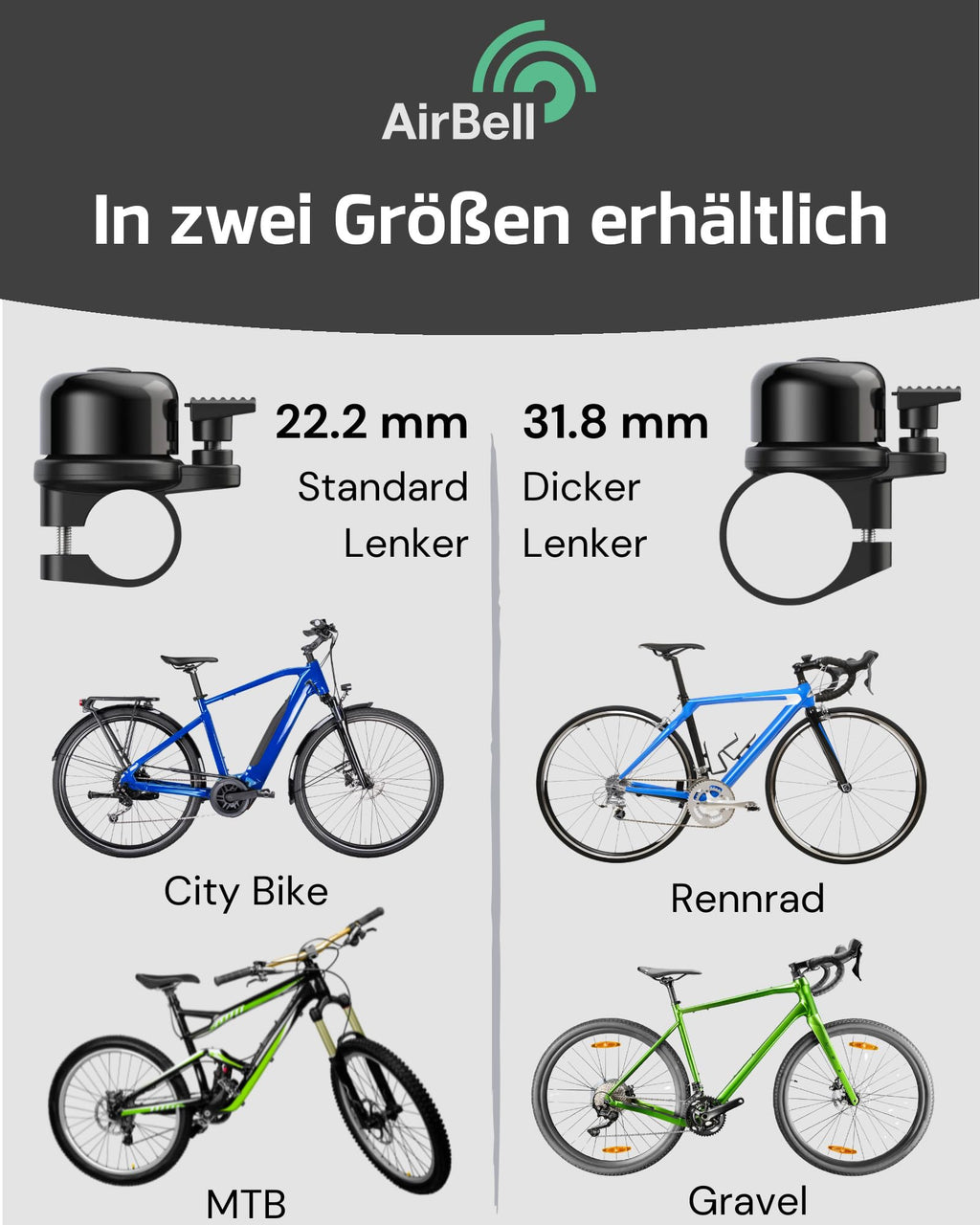 Airbell Bicycle Bell For Apple Airtag 31.8 Mm Diameter - Hidden Mount In Bell - Bicycle Anti-Theft - Includes Tools