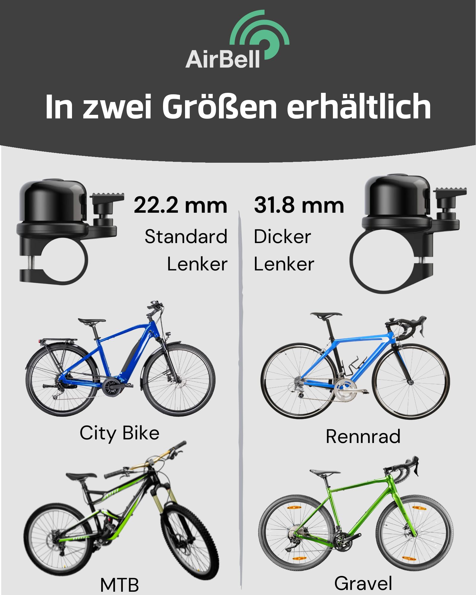 Airbell Bicycle Bell For Apple Airtag 31.8 Mm Diameter - Hidden Mount In Bell - Bicycle Anti-Theft - Includes Tools