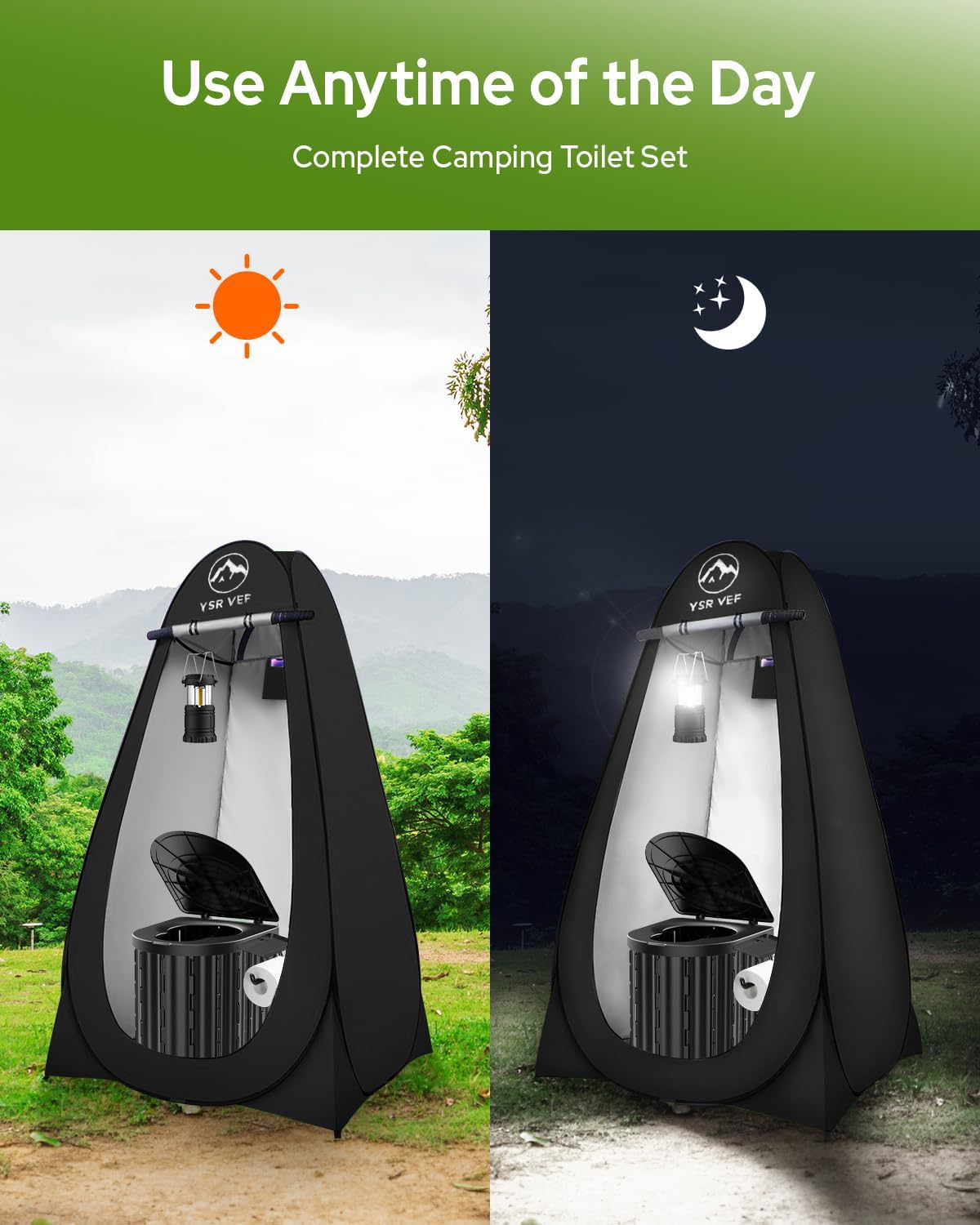 Camping Toilet With Pop-Up Privacy Tent And Liquid Waste Gel, Portable Toilet With Large Tent And Camping Lantern, Ergonomic Pot