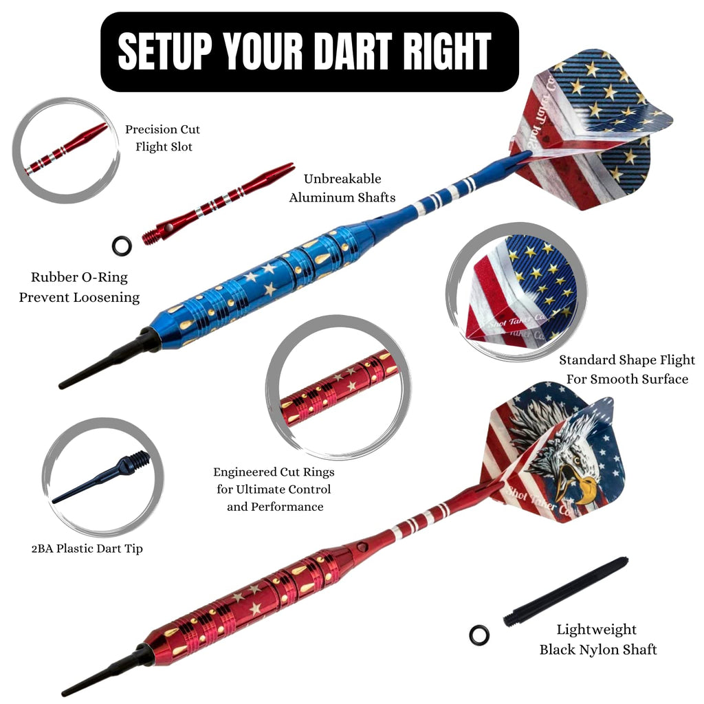 Soft Tip Darts Set - Professional Darts For Electronic Dartboard - Includes Brass Barrels + Plastic & Aluminum Shafts + Rubber O